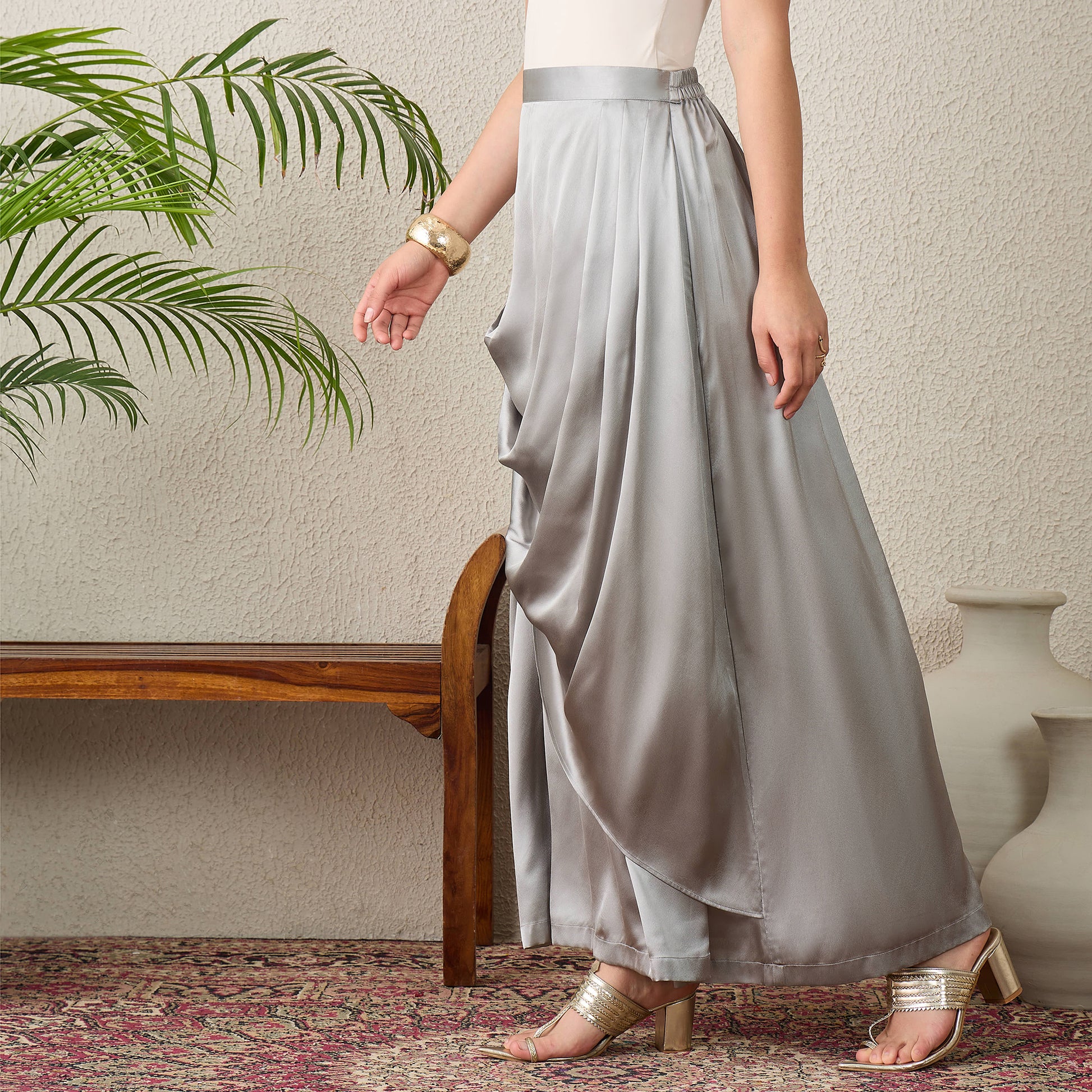 Grey Skirt for Women – Polyester Satin – Model View | First Resort by Ramola Bachchan