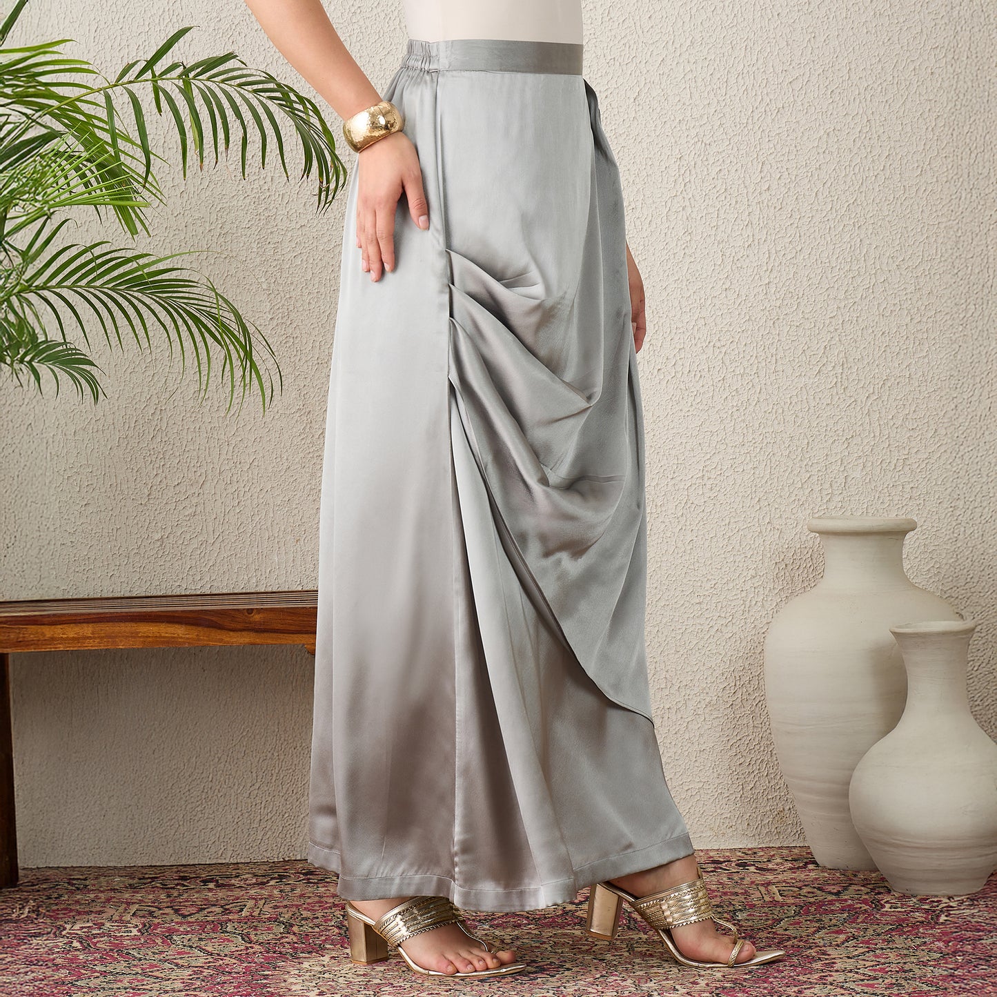 Grey Skirt for Women – Polyester Satin – Side View | First Resort by Ramola Bachchan