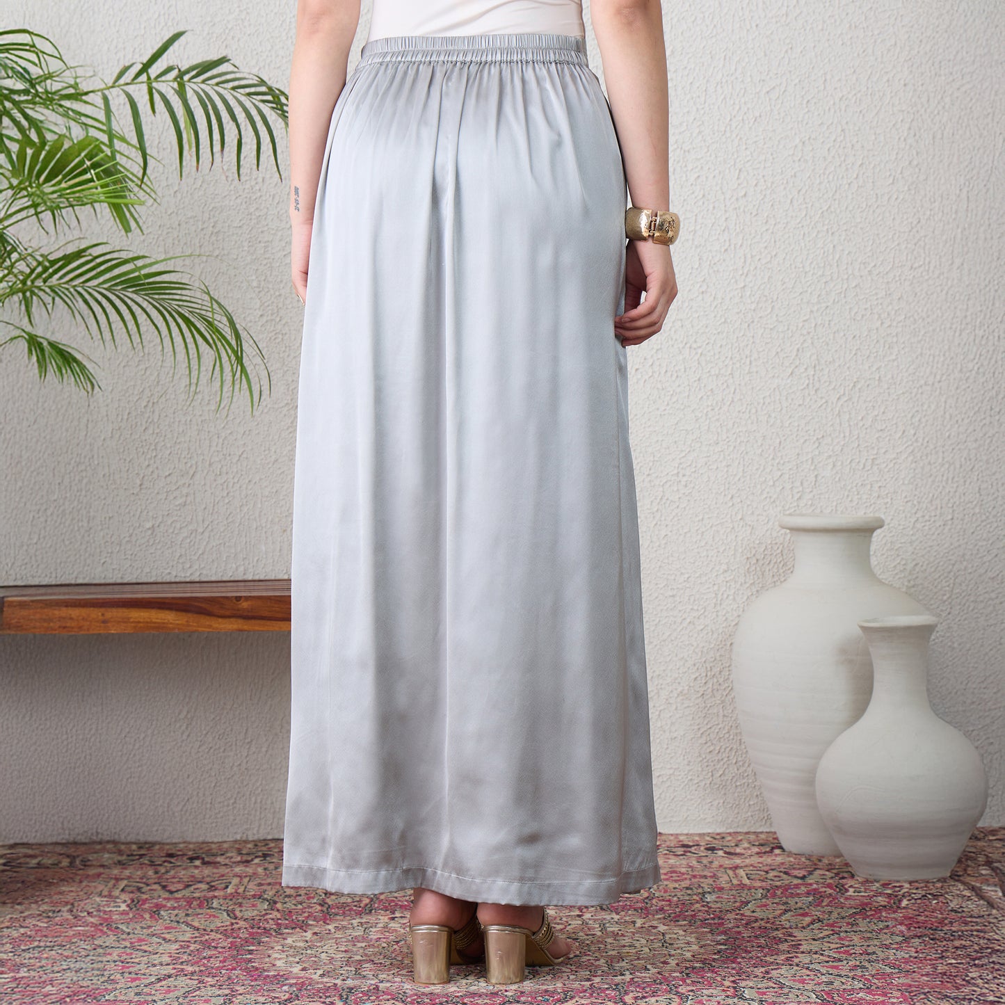 Grey Skirt for Women – Polyester Satin – Detail View | First Resort by Ramola Bachchan