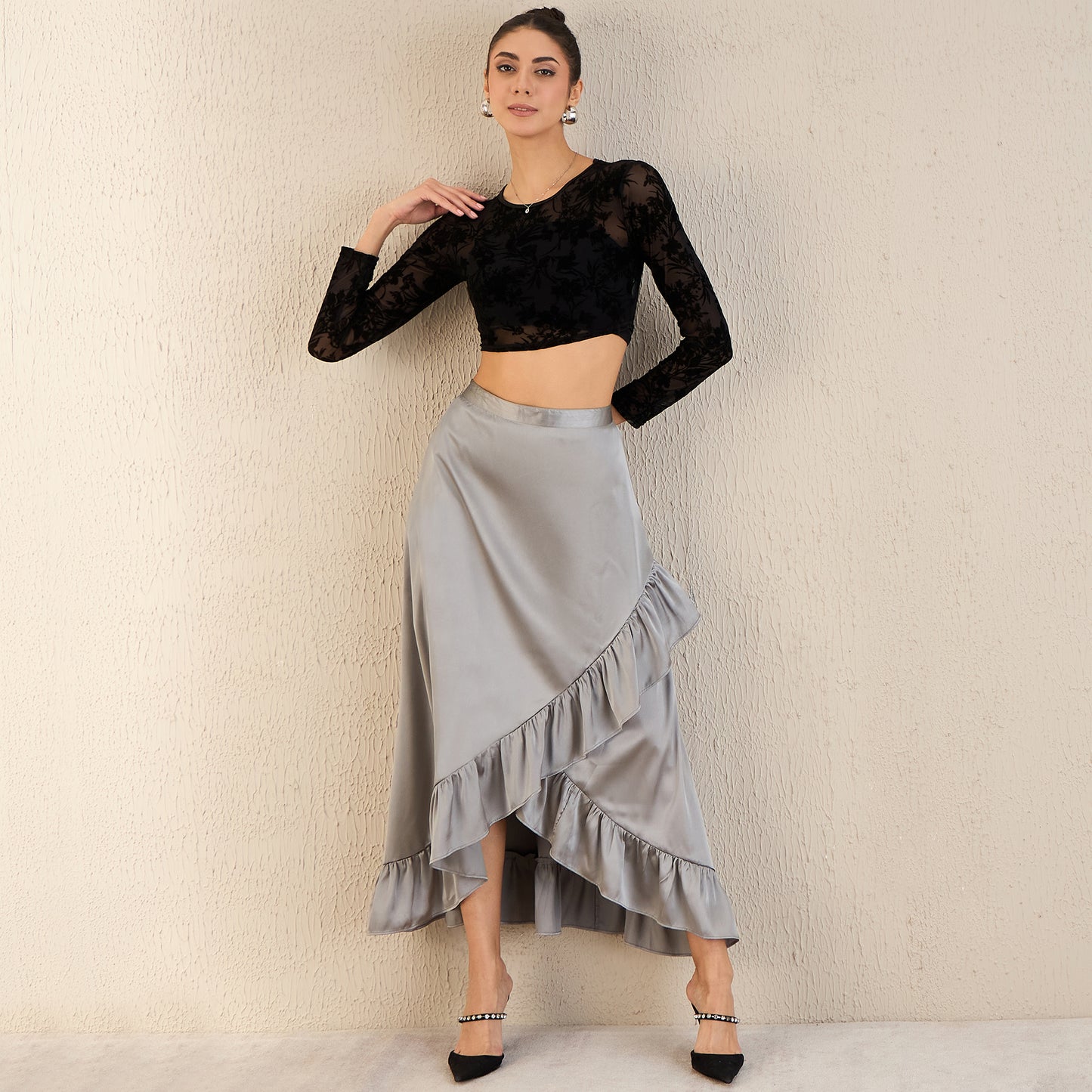 Grey Skirt for Women – Polyester Satin – Front View | First Resort by Ramola Bachchan