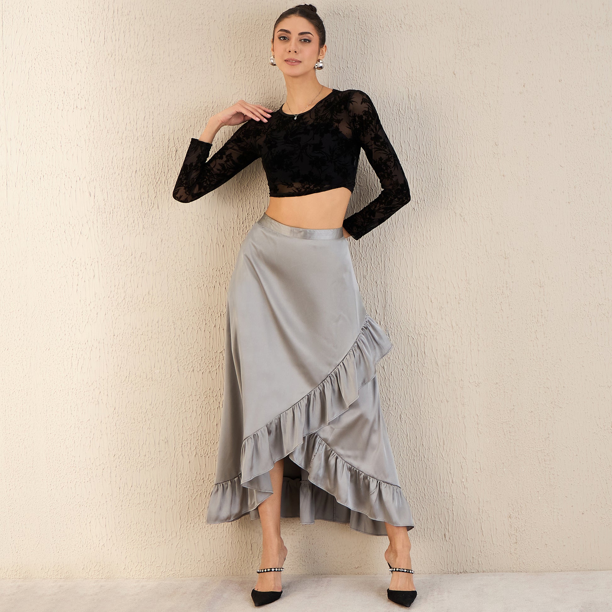 Grey Skirt for Women – Polyester Satin – Front View | First Resort by Ramola Bachchan
