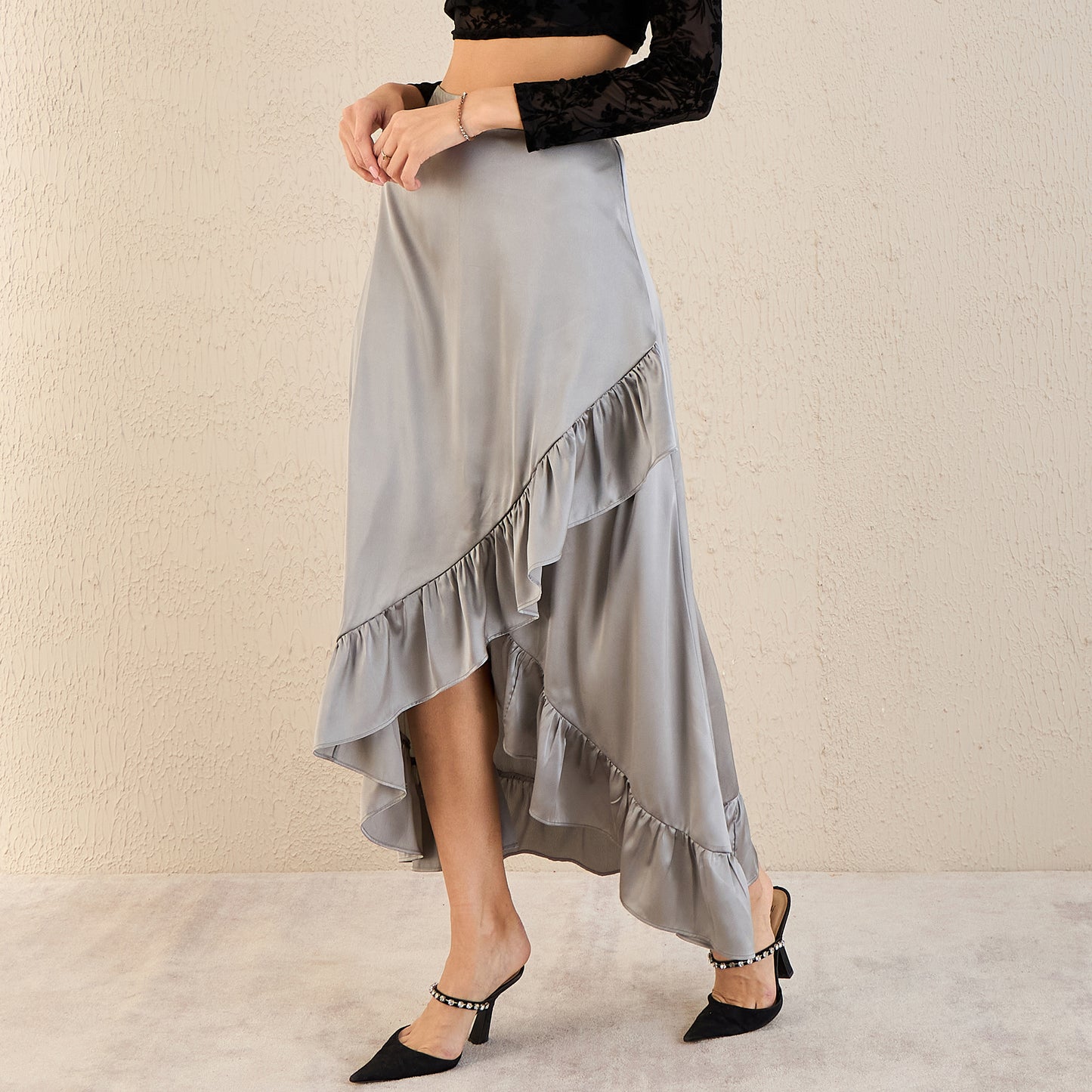 Grey Skirt for Women – Polyester Satin – Model View | First Resort by Ramola Bachchan