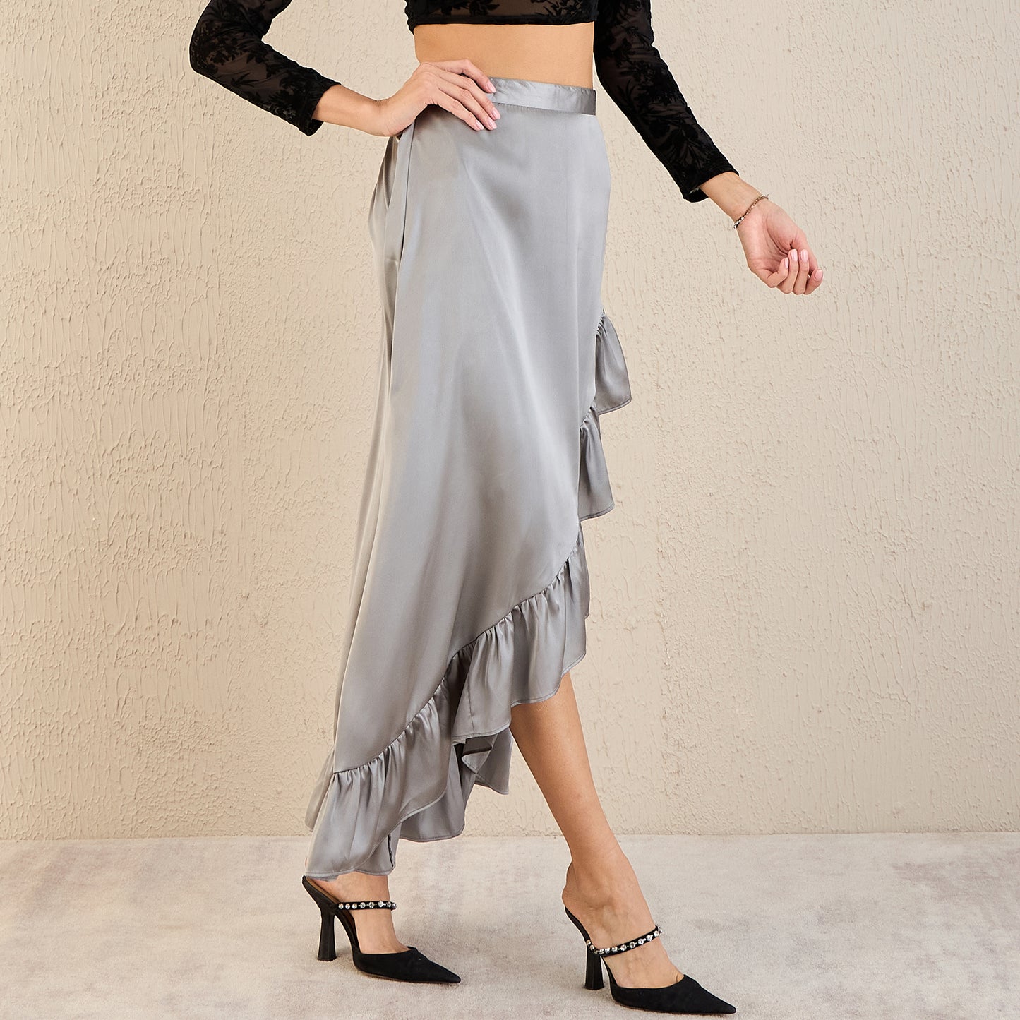 Grey Skirt for Women – Polyester Satin – Side View | First Resort by Ramola Bachchan