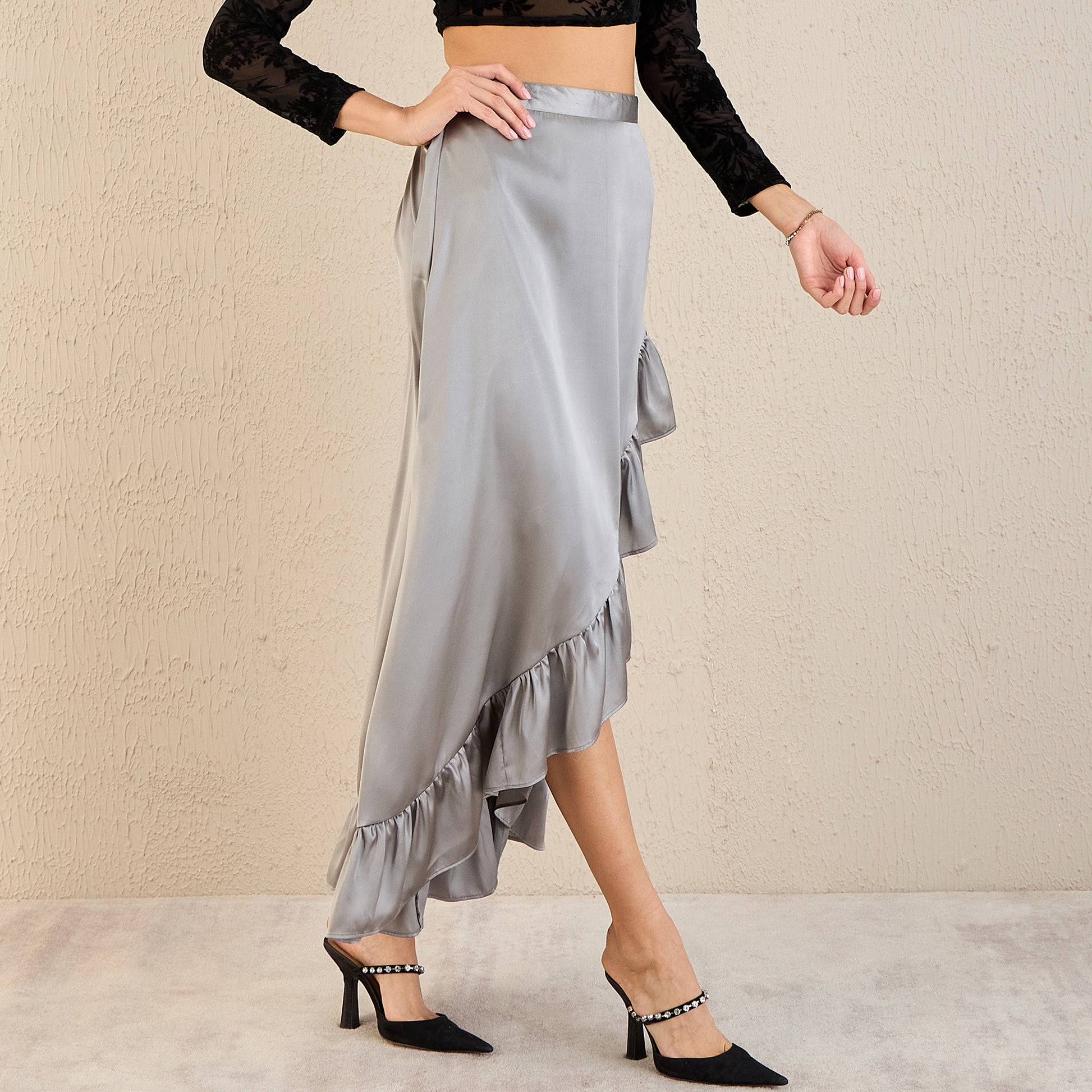 Grey Skirt for Women – Polyester Satin – Side View | First Resort by Ramola Bachchan