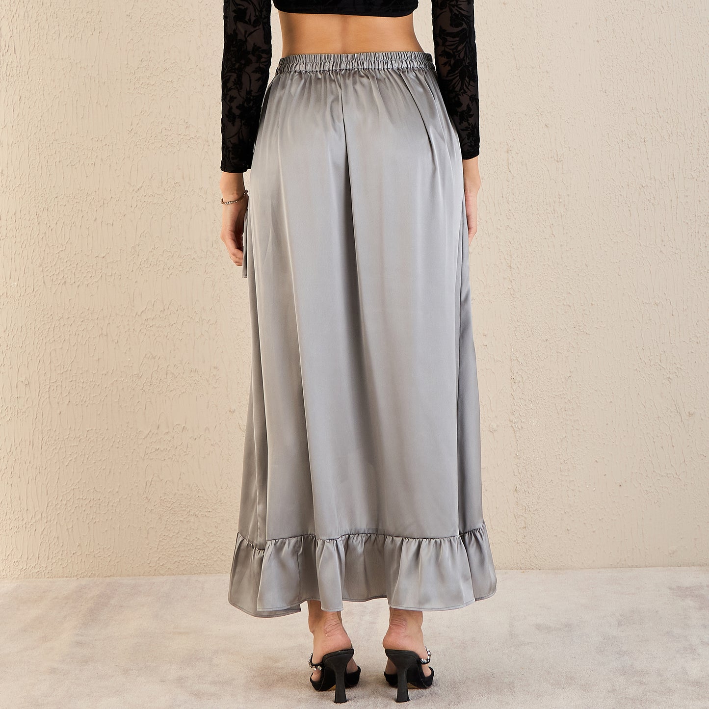 Grey Skirt for Women – Polyester Satin – Detail View | First Resort by Ramola Bachchan