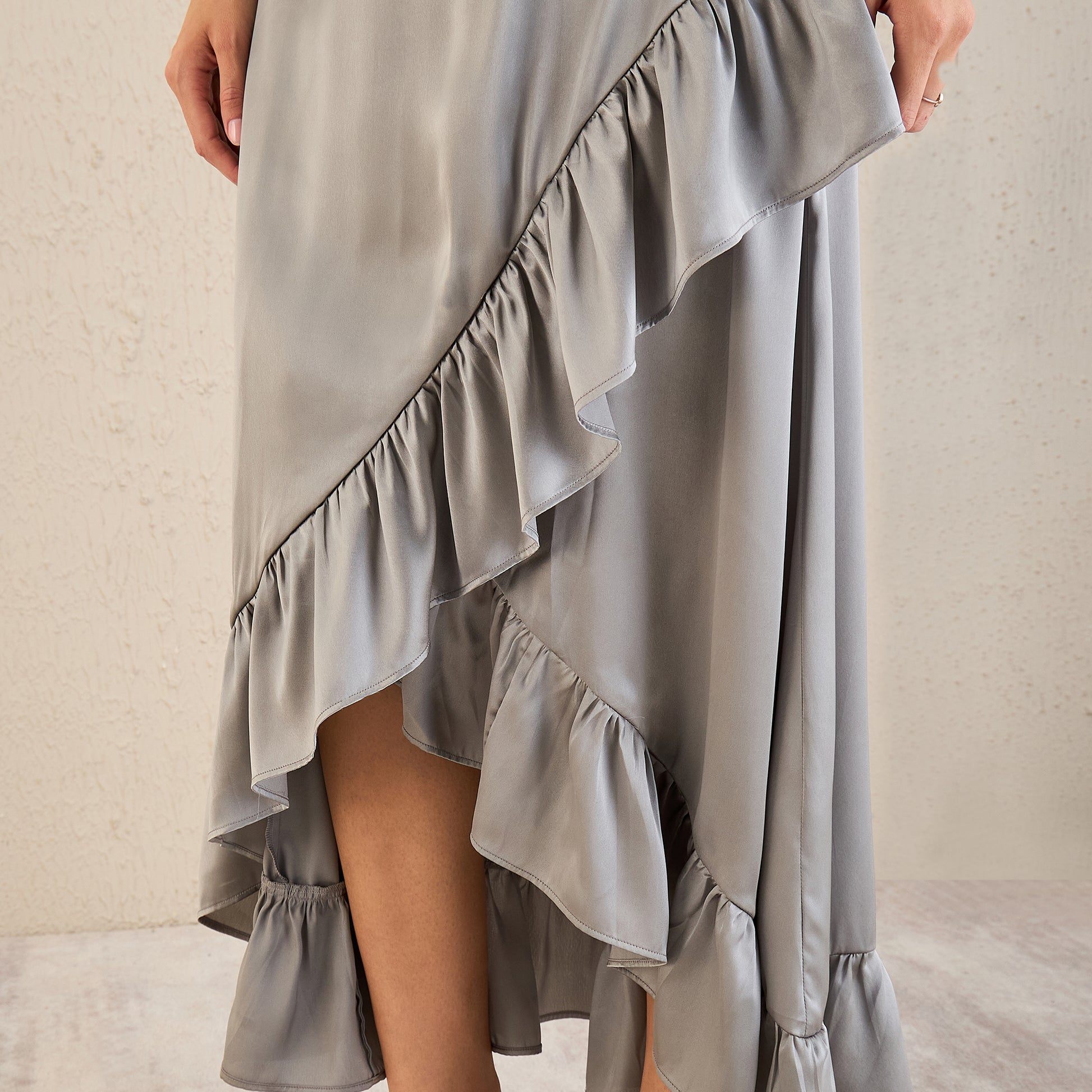 Grey Skirt for Women – Polyester Satin – Back View | First Resort by Ramola Bachchan