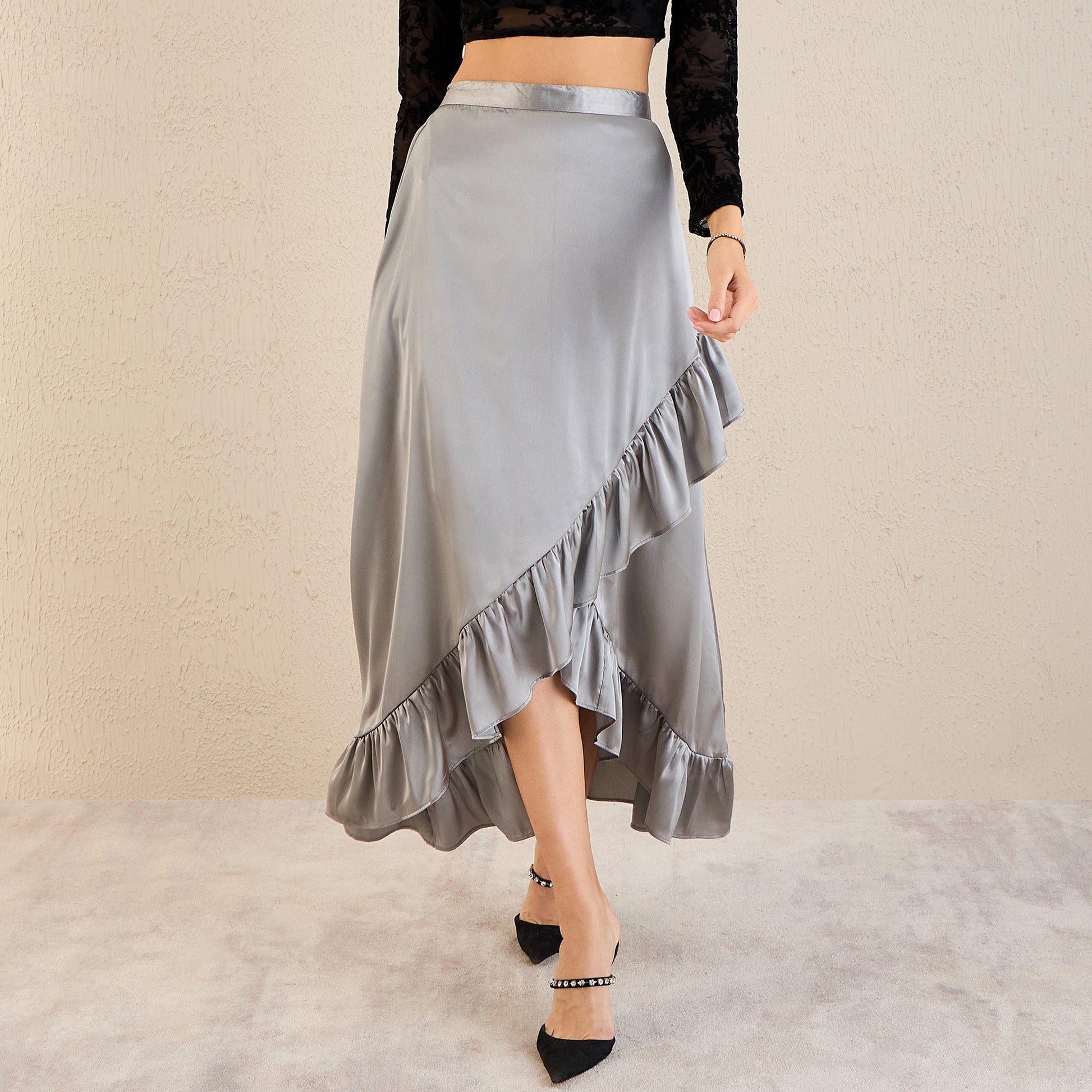 Grey Skirt for Women – Polyester Satin | First Resort by Ramola Bachchan