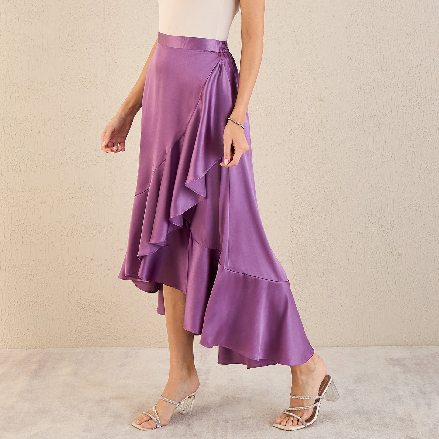 Lilac Skirt for Women – Polyester Satin – Model View | First Resort by Ramola Bachchan
