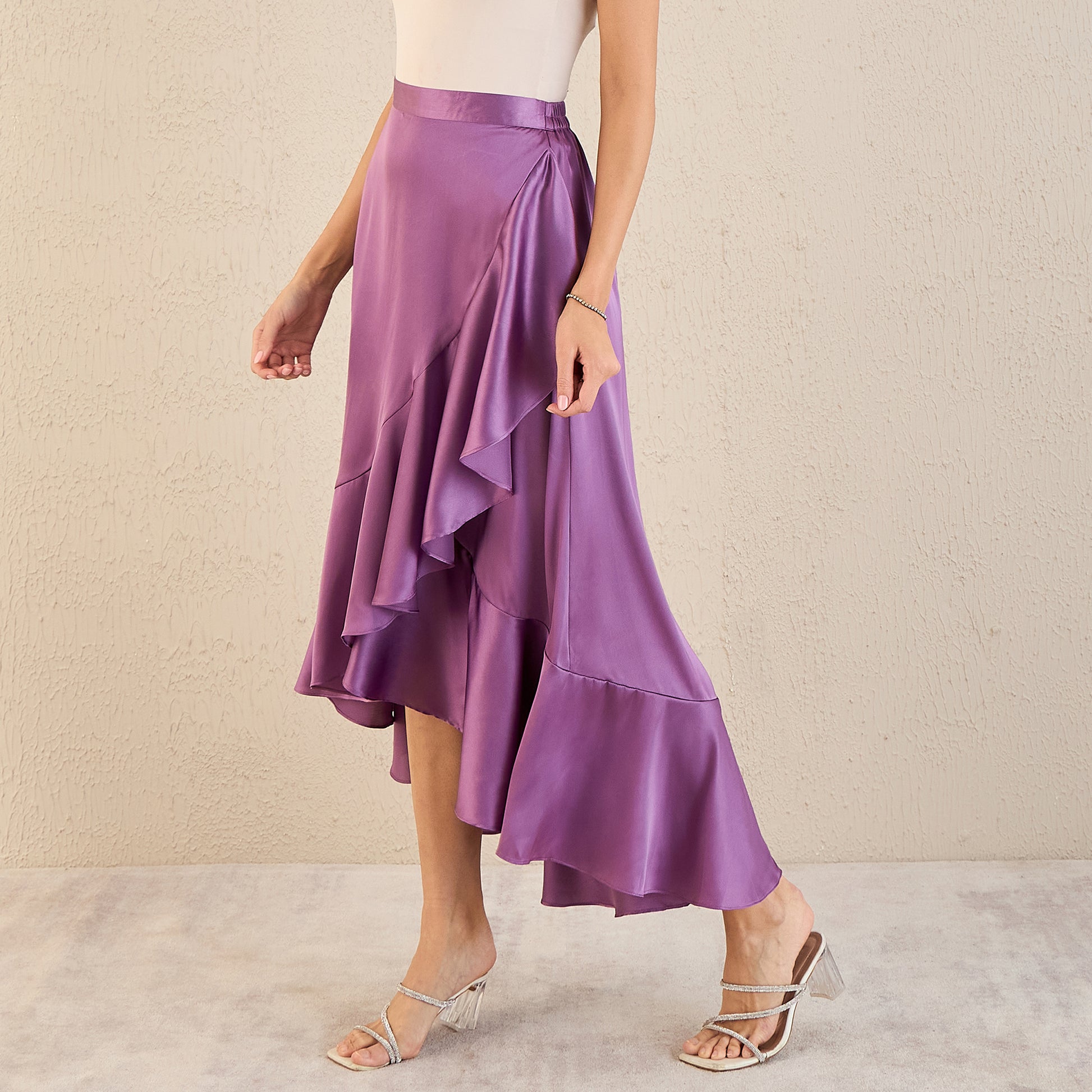 Lilac Skirt for Women – Polyester Satin – Model View | First Resort by Ramola Bachchan