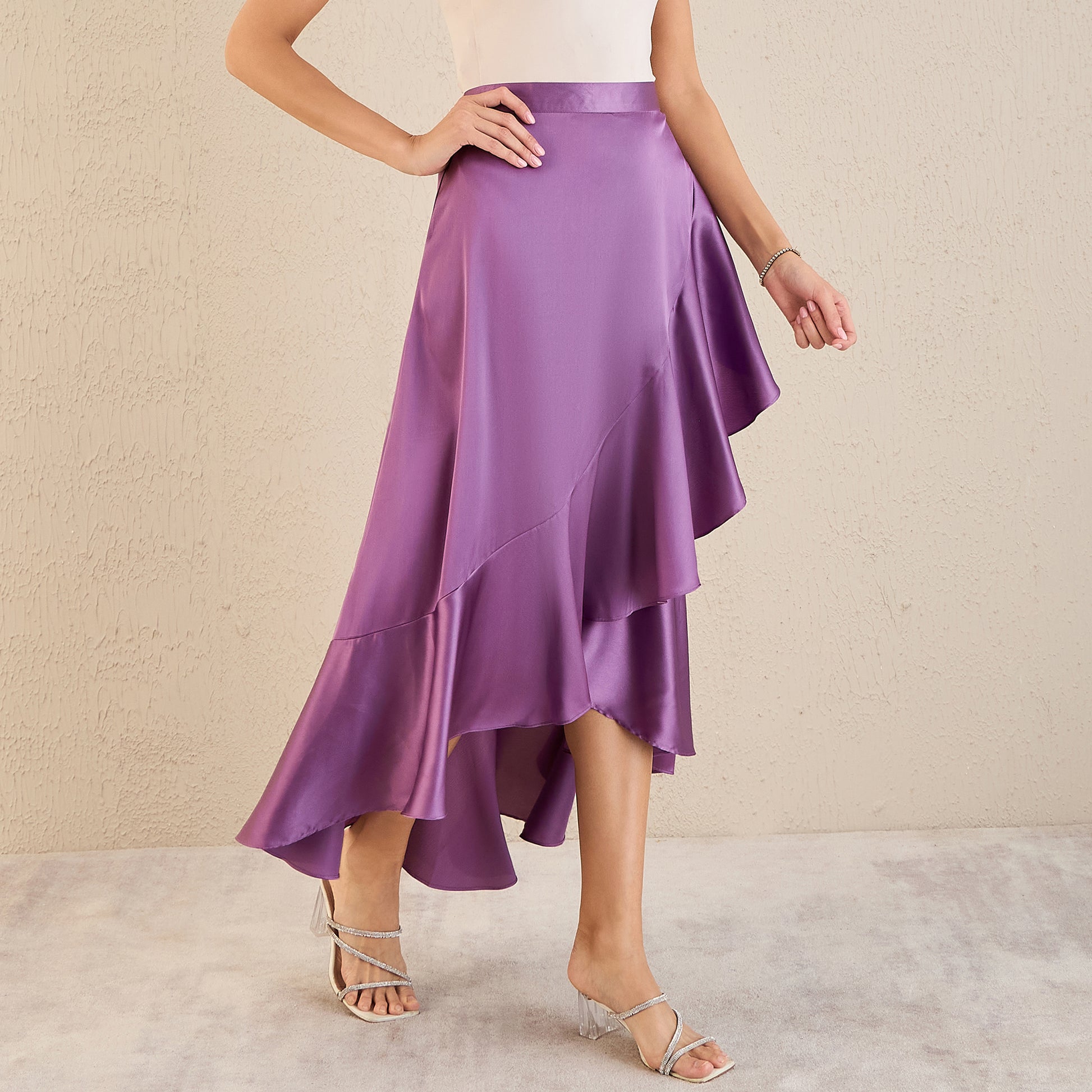 Lilac Skirt for Women – Polyester Satin – Side View | First Resort by Ramola Bachchan
