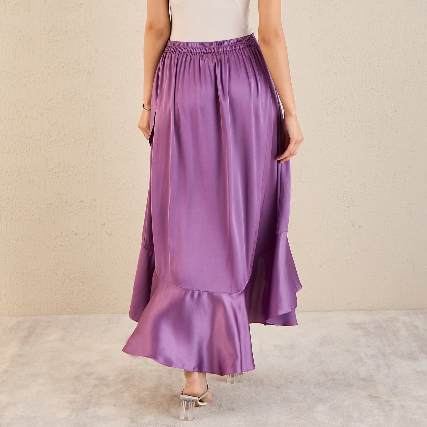 Lilac Skirt for Women – Polyester Satin – Detail View | First Resort by Ramola Bachchan