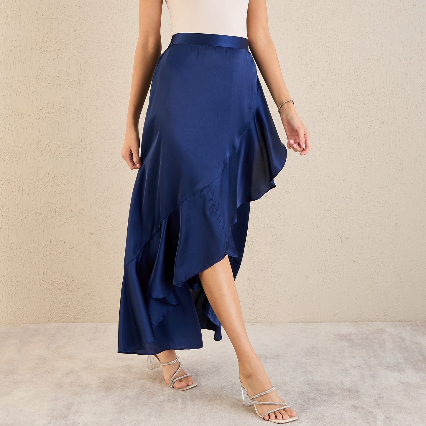 Navy Blue Skirt for Women – Polyester Satin – Side View | First Resort by Ramola Bachchan