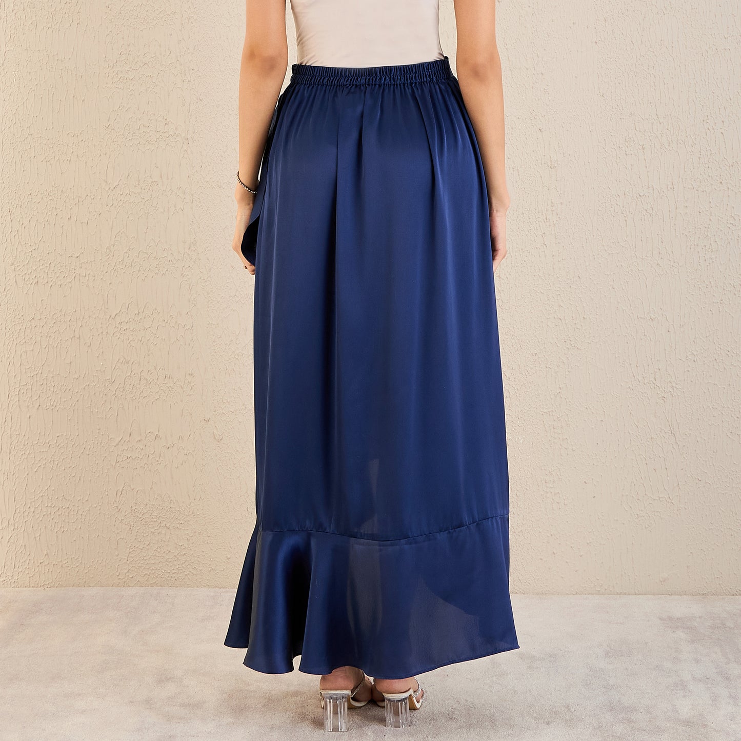 Navy Blue Skirt for Women – Polyester Satin – Detail View | First Resort by Ramola Bachchan
