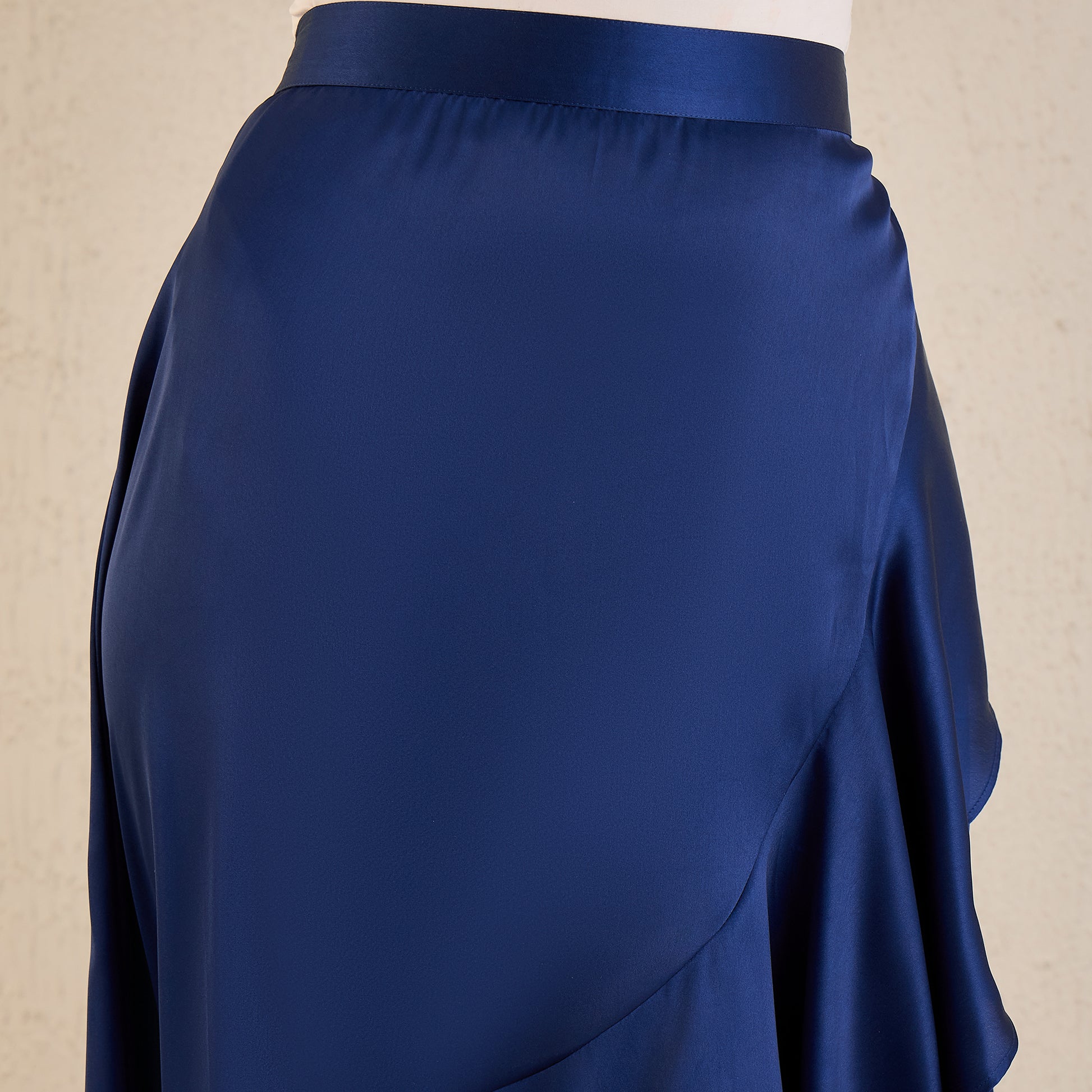 Navy Blue Skirt for Women – Polyester Satin – Close Up | First Resort by Ramola Bachchan