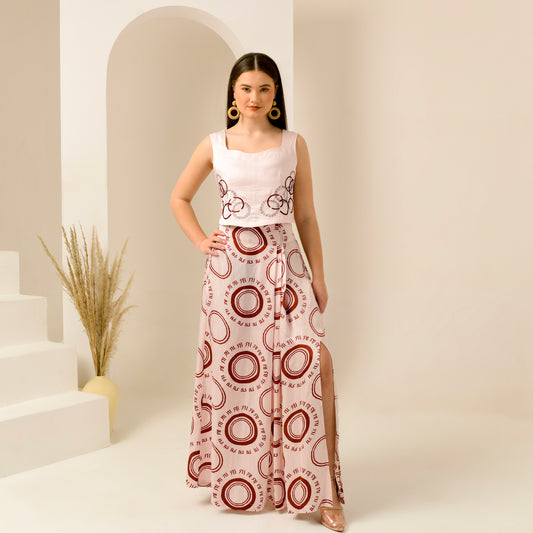Pink And Red Maa Print Skirt for Women – Linen Satin | First Resort by Ramola Bachchan