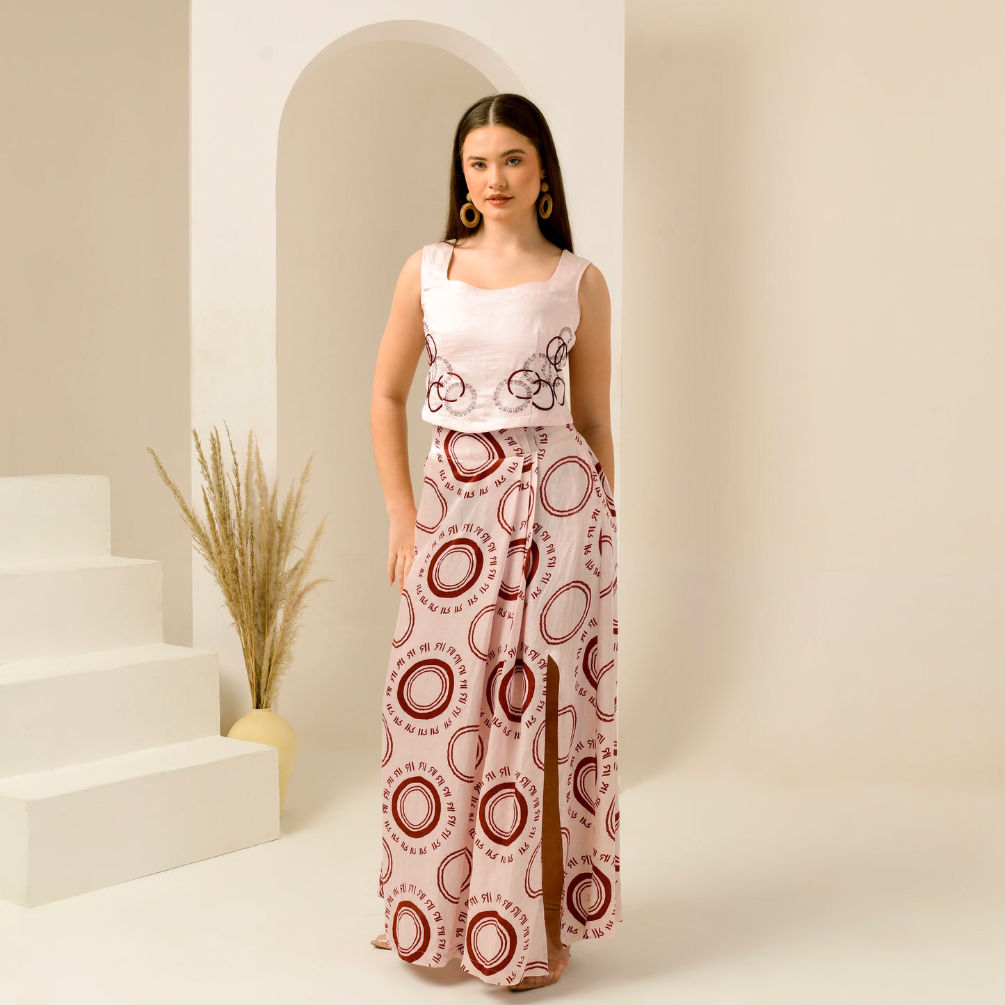 Pink And Red Maa Print Skirt for Women – Linen Satin – Model View | First Resort by Ramola Bachchan
