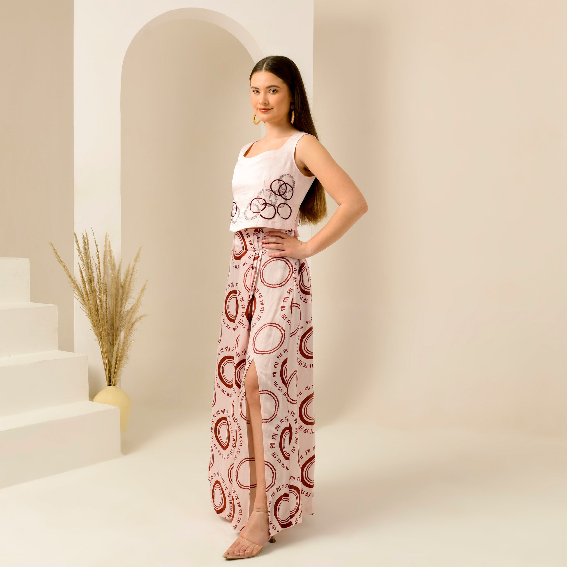 Pink And Red Maa Print Skirt for Women – Linen Satin – Side View | First Resort by Ramola Bachchan