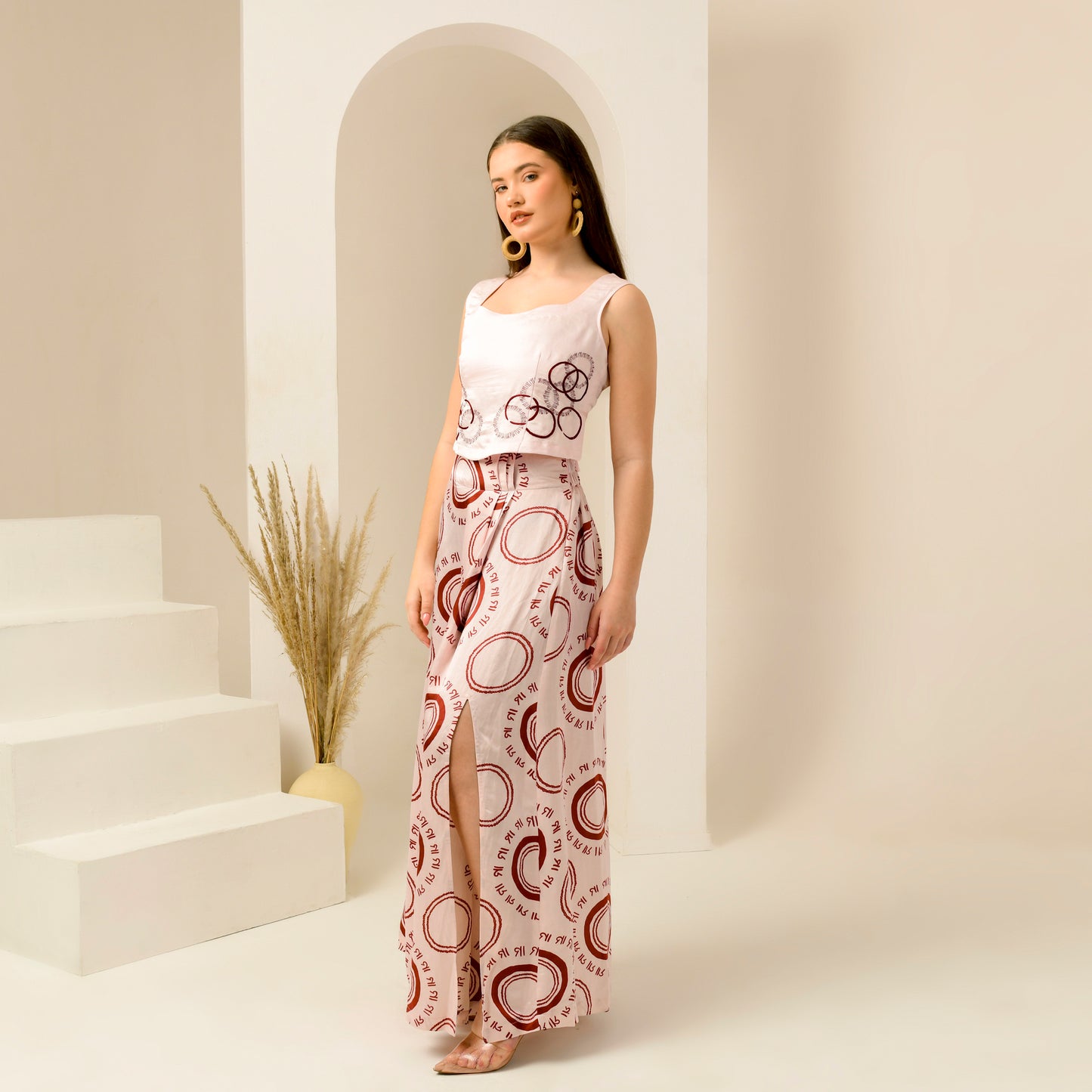 Pink And Red Maa Print Skirt for Women – Linen Satin – Model View | First Resort by Ramola Bachchan