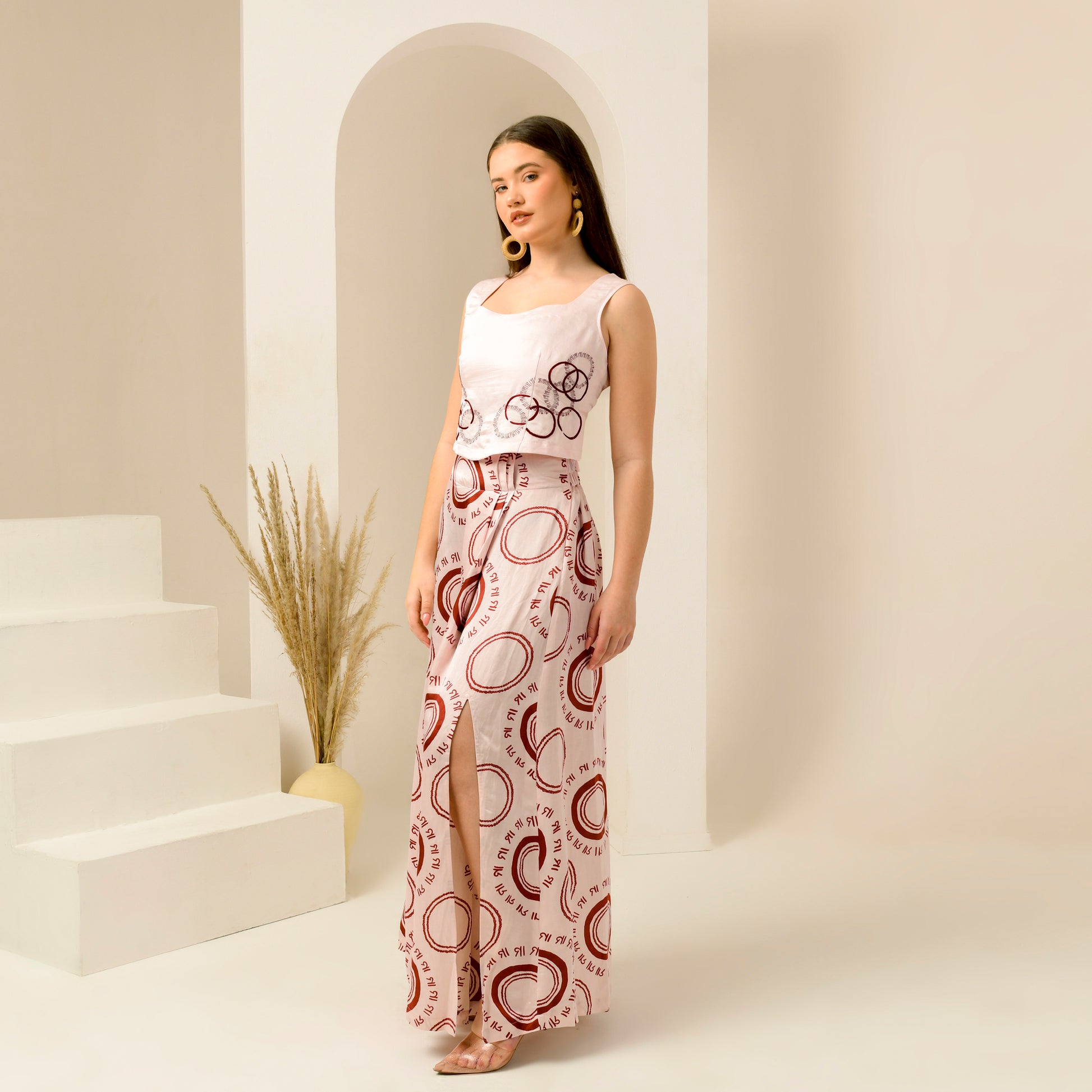 Pink And Red Maa Print Skirt for Women – Linen Satin – Model View | First Resort by Ramola Bachchan