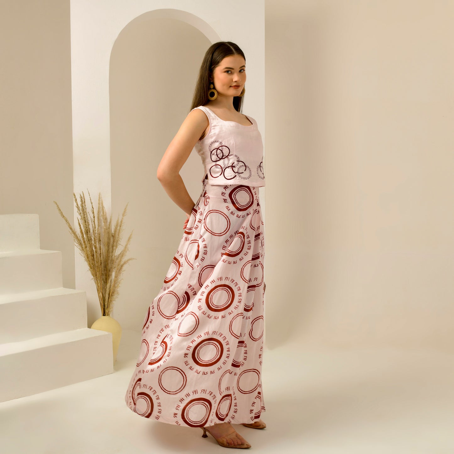 Pink And Red Maa Print Skirt for Women – Linen Satin – Side View | First Resort by Ramola Bachchan