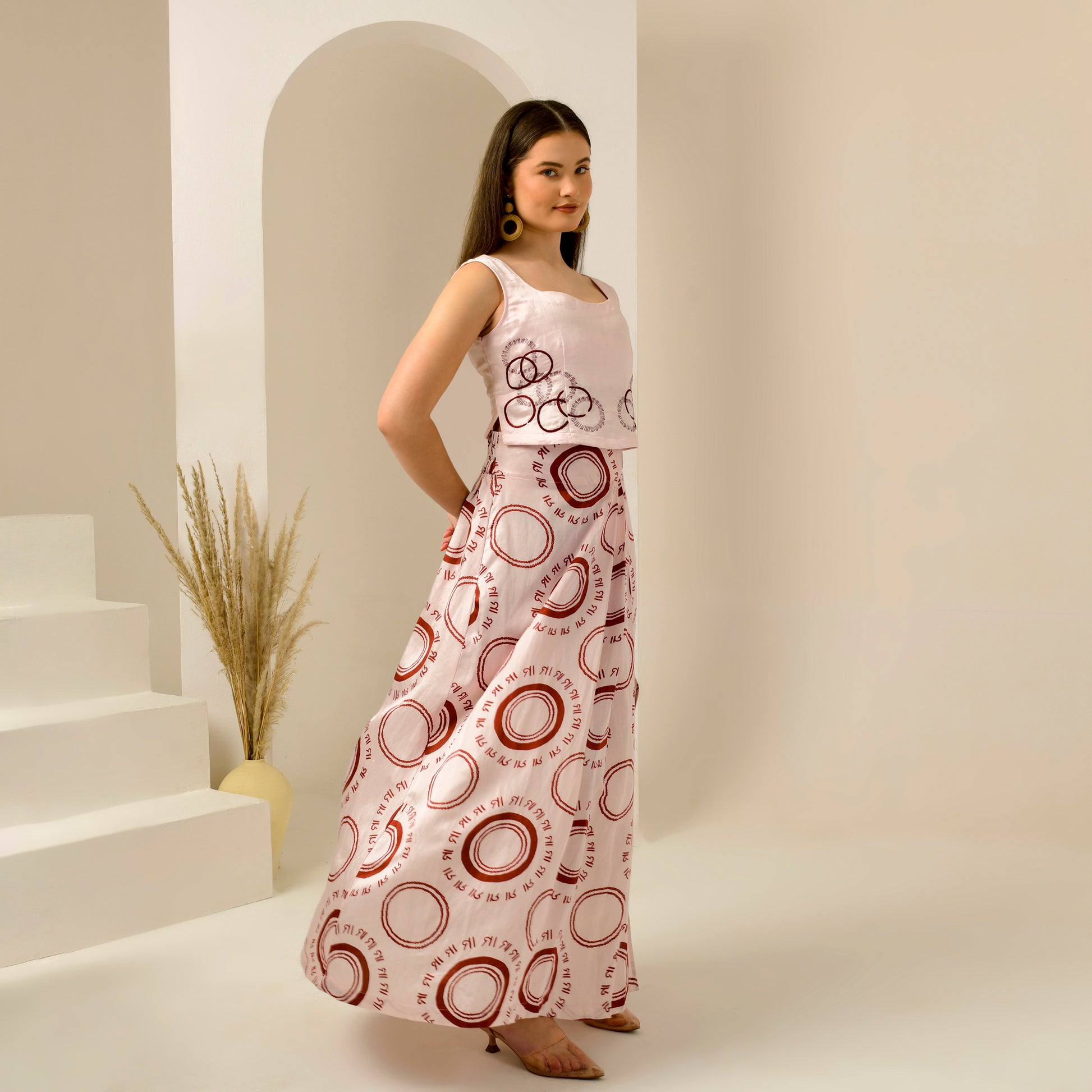 Pink And Red Maa Print Skirt for Women – Linen Satin – Side View | First Resort by Ramola Bachchan