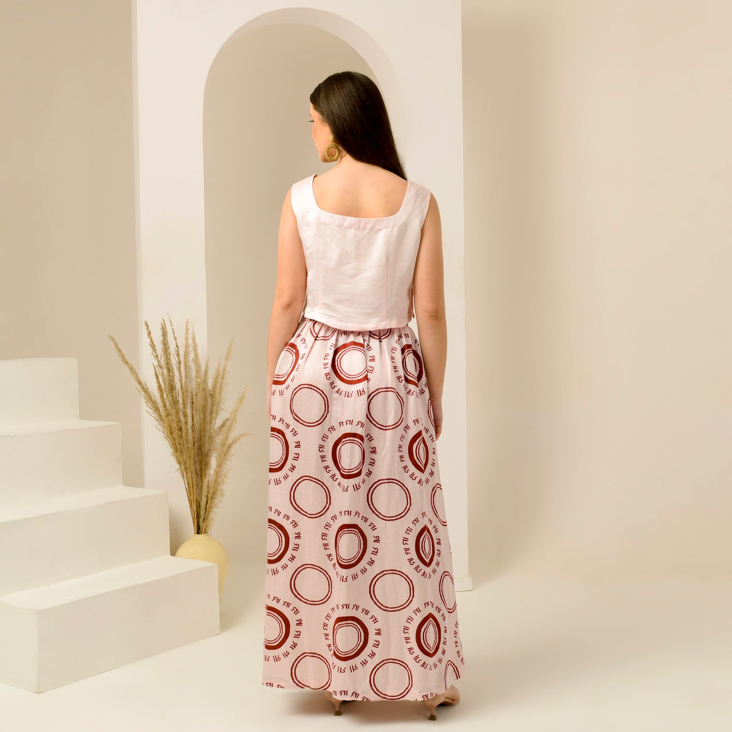 Pink And Red Maa Print Skirt for Women – Linen Satin – Detail View | First Resort by Ramola Bachchan