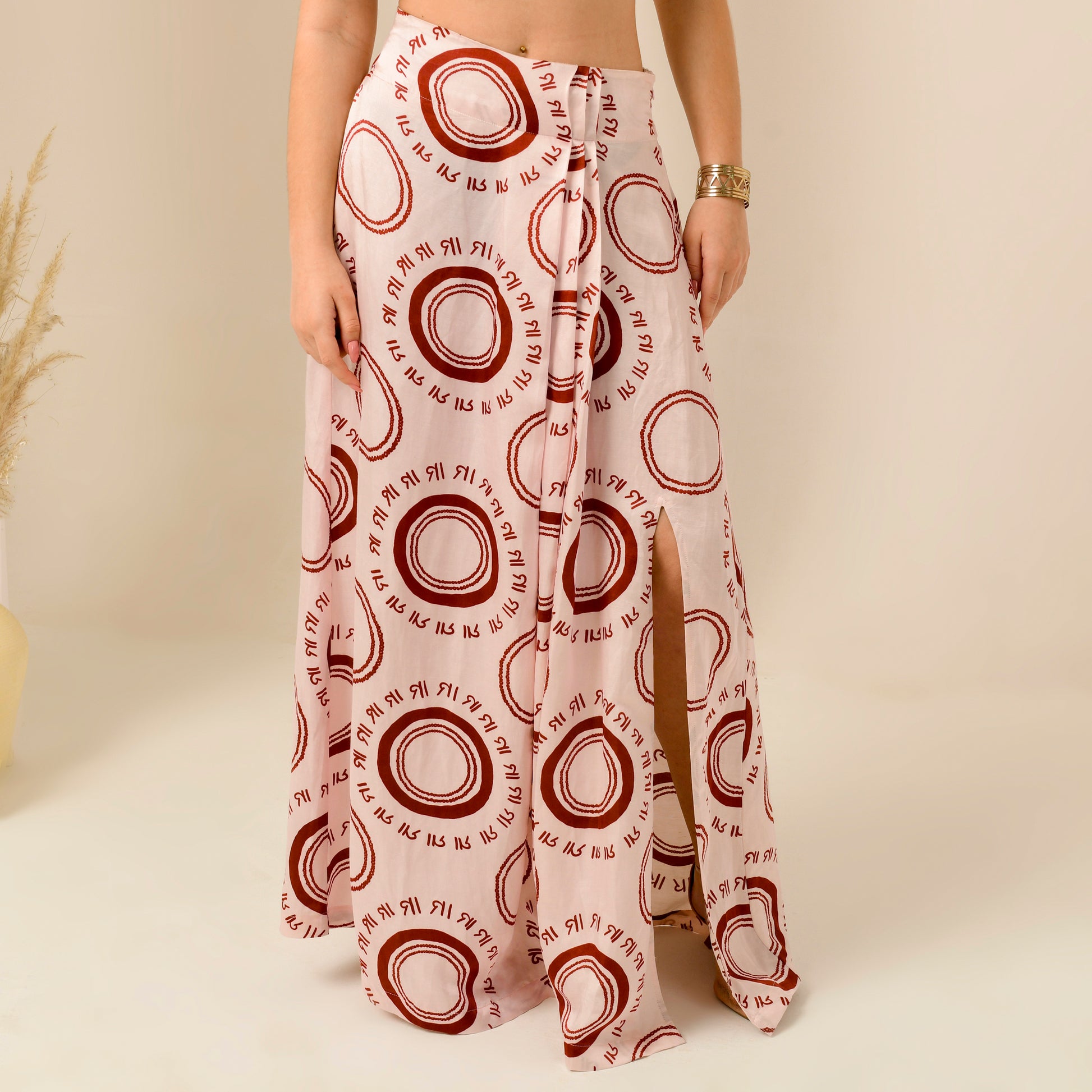 Pink And Red Maa Print Skirt for Women – Linen Satin – Back View | First Resort by Ramola Bachchan