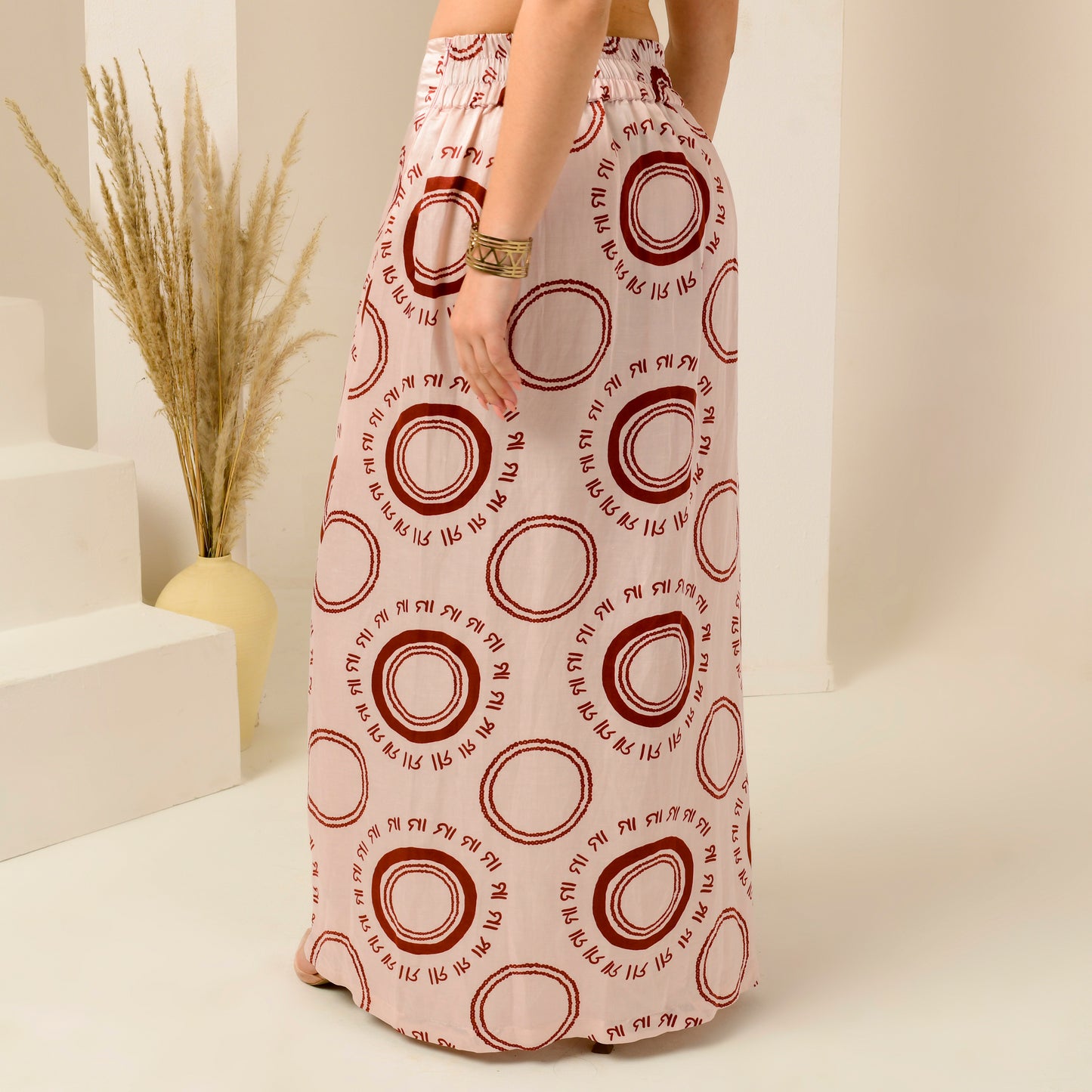 Pink And Red Maa Print Skirt for Women – Linen Satin – Close Up | First Resort by Ramola Bachchan