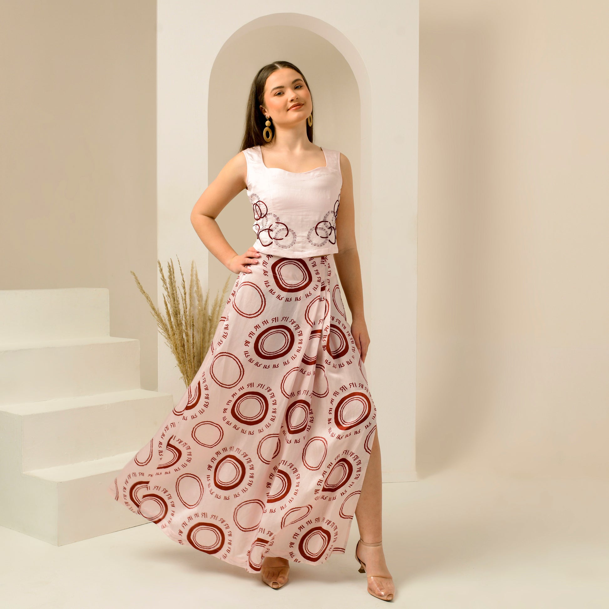 Pink And Red Maa Print Skirt for Women – Linen Satin – Front View | First Resort by Ramola Bachchan