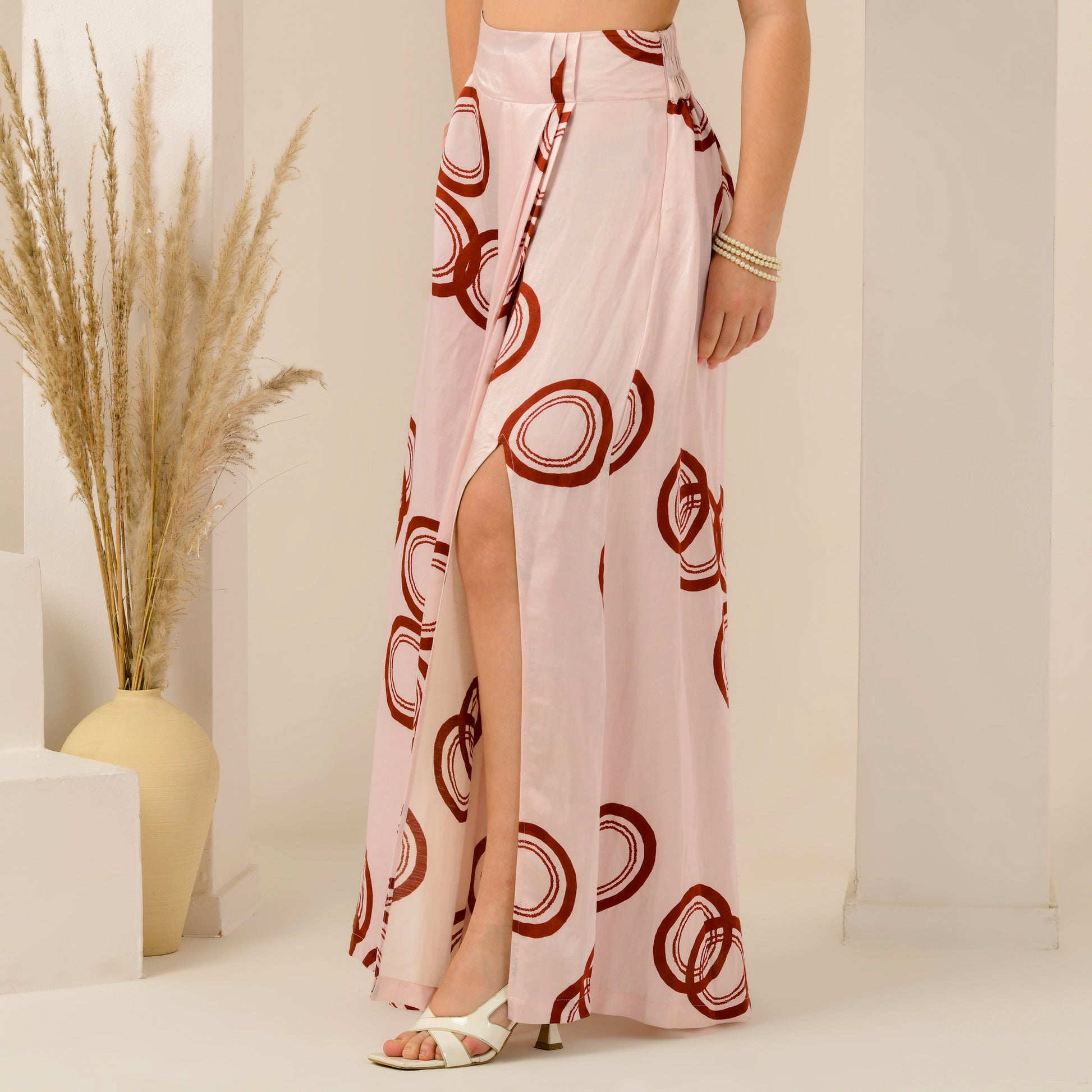 Pink And Red Powerful Print Skirt for Women – Linen Satin – Detail View | First Resort by Ramola Bachchan