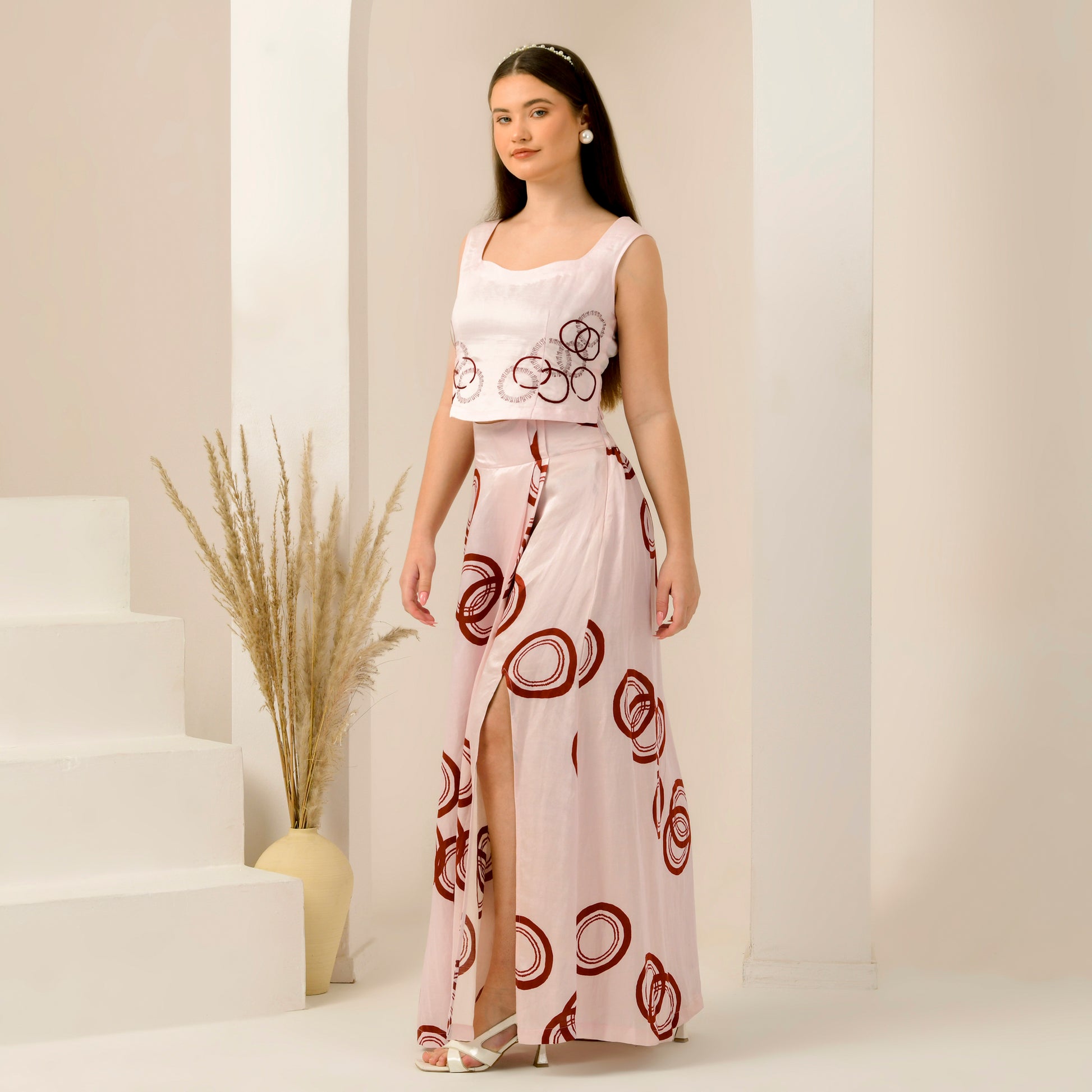 Pink And Red Powerful Print Skirt for Women – Linen Satin – Model View | First Resort by Ramola Bachchan