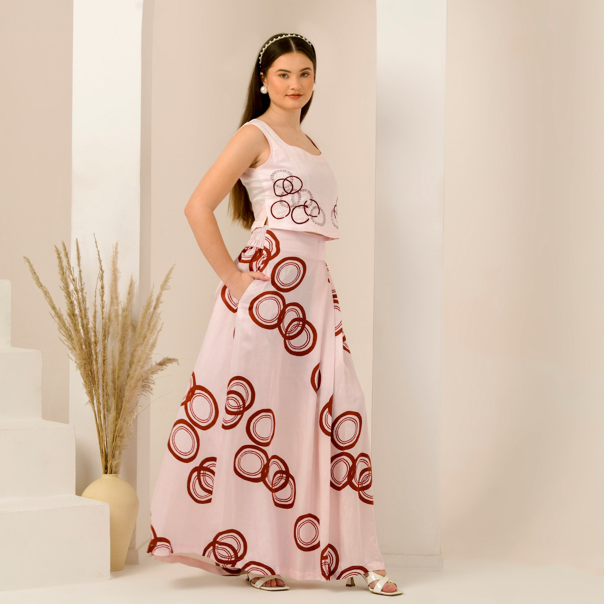 Pink And Red Powerful Print Skirt for Women – Linen Satin – Side View | First Resort by Ramola Bachchan