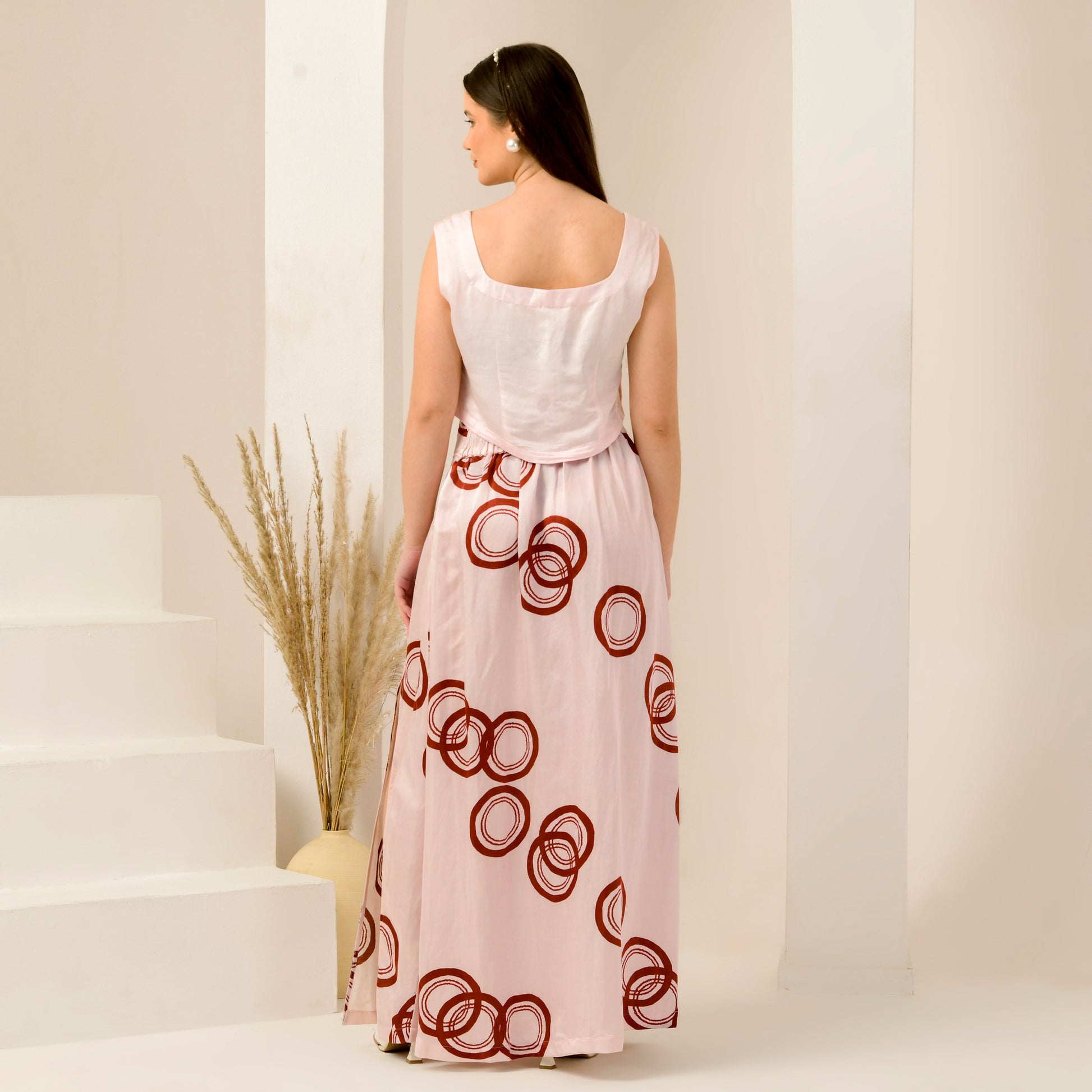 Pink And Red Powerful Print Skirt for Women – Linen Satin – Detail View | First Resort by Ramola Bachchan
