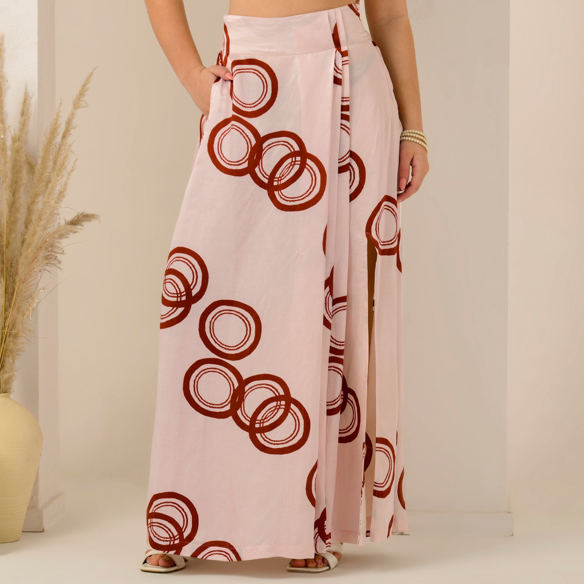 Pink And Red Powerful Print Skirt for Women – Linen Satin – Close Up | First Resort by Ramola Bachchan