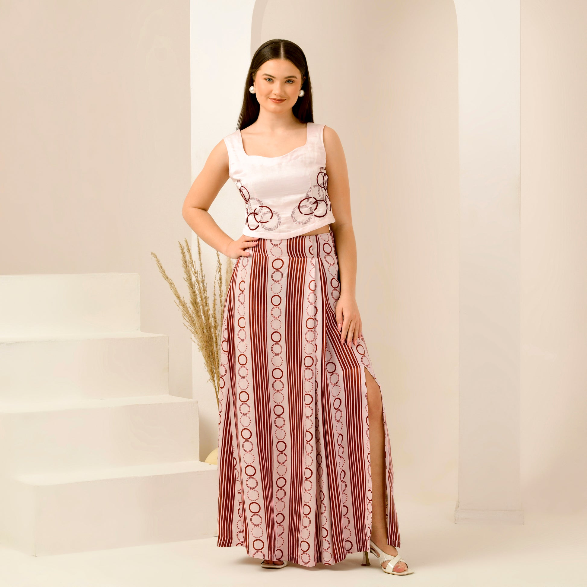 Pink And Red Powerful Stripe Print Skirt for Women – Linen Satin | First Resort by Ramola Bachchan