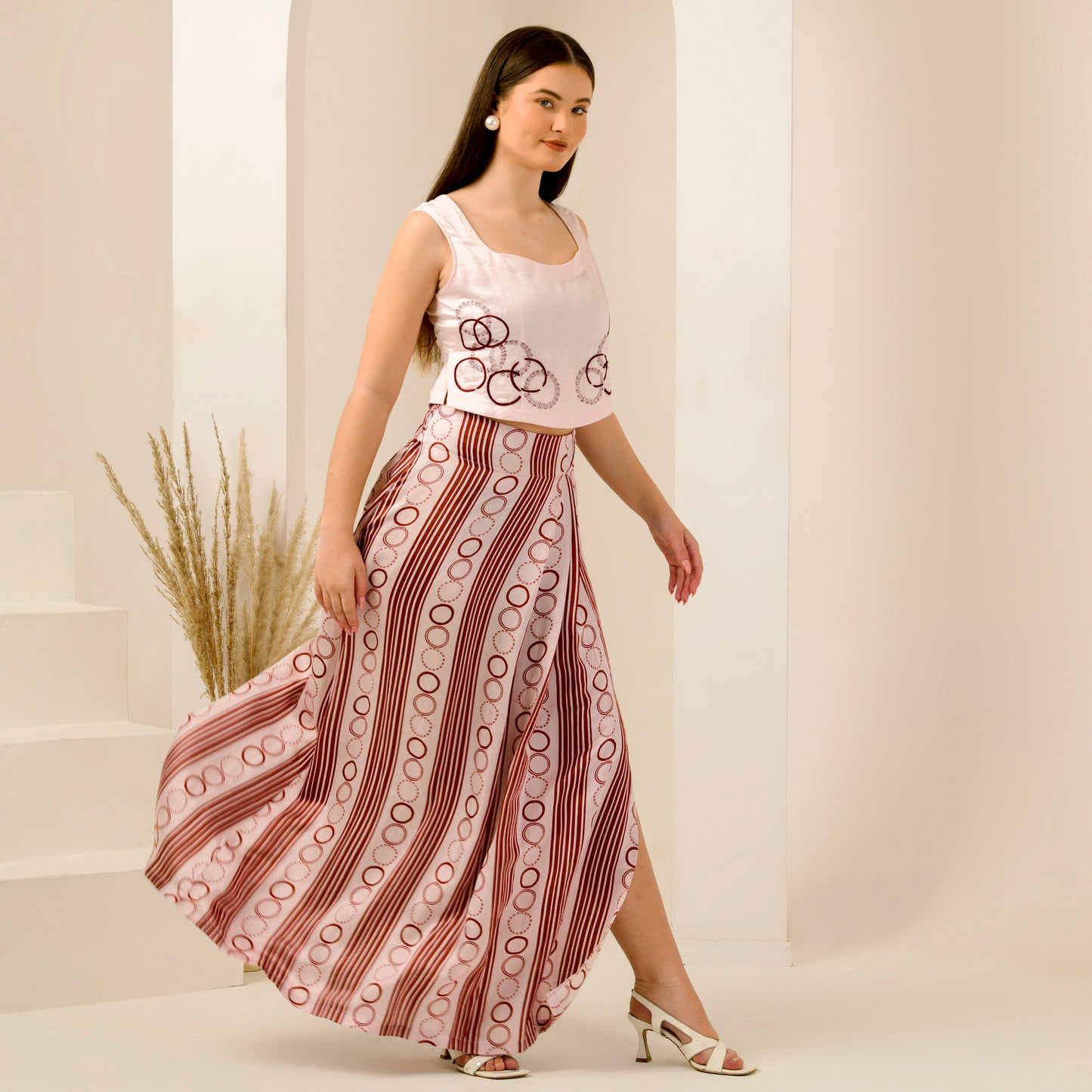 Pink And Red Powerful Stripe Print Skirt for Women – Linen Satin – Model View | First Resort by Ramola Bachchan