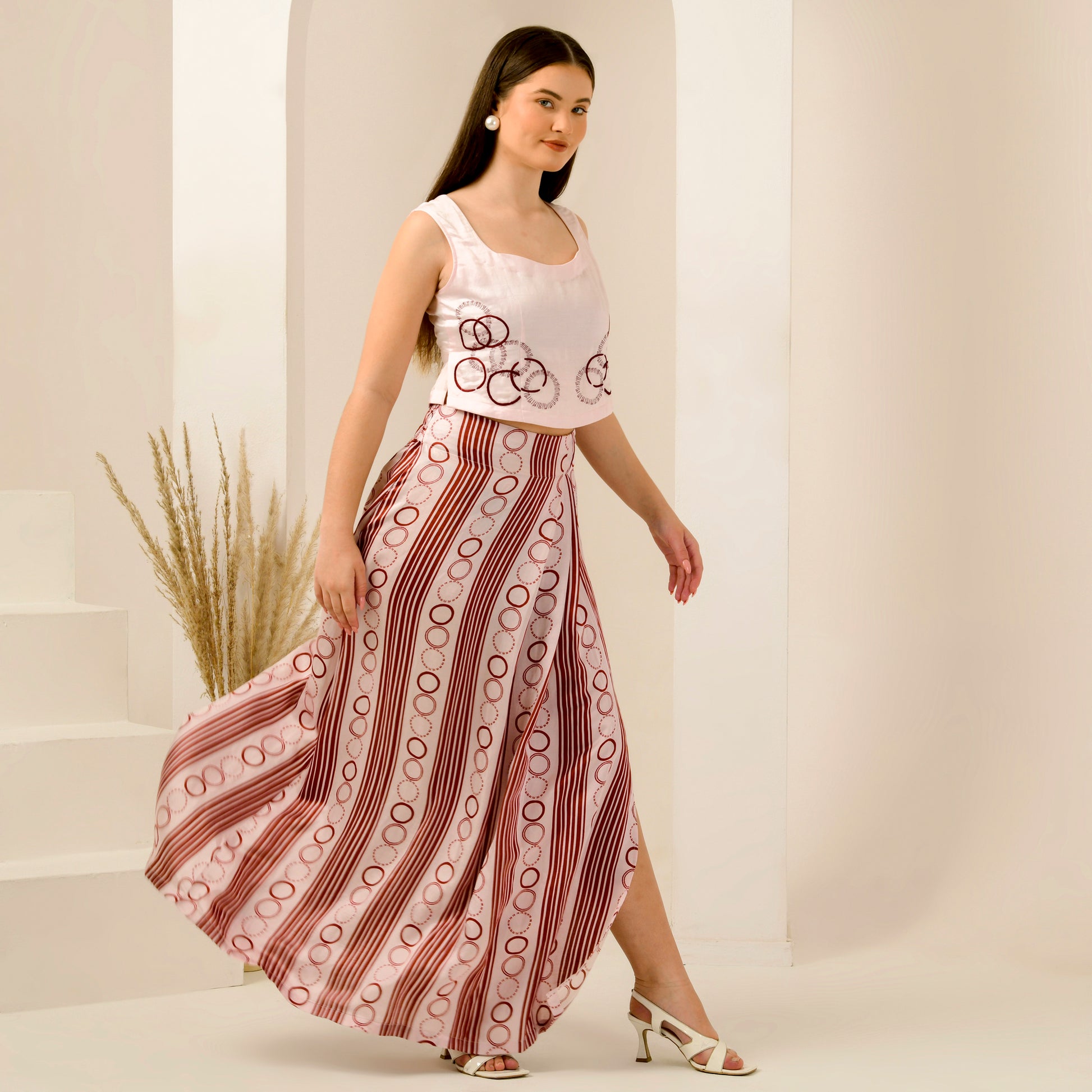 Pink And Red Powerful Stripe Print Skirt for Women – Linen Satin – Model View | First Resort by Ramola Bachchan