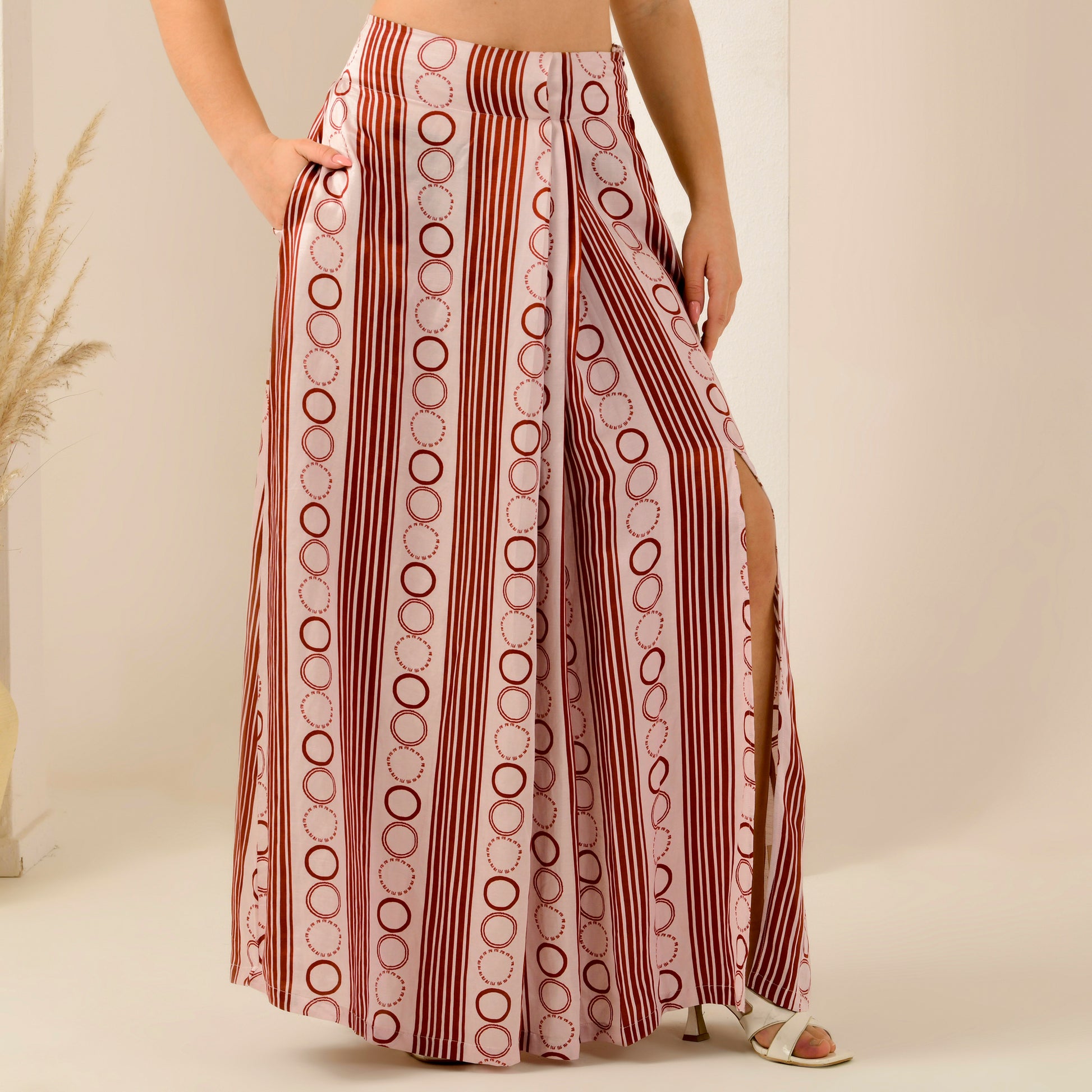 Pink And Red Powerful Stripe Print Skirt for Women – Linen Satin – Back View | First Resort by Ramola Bachchan