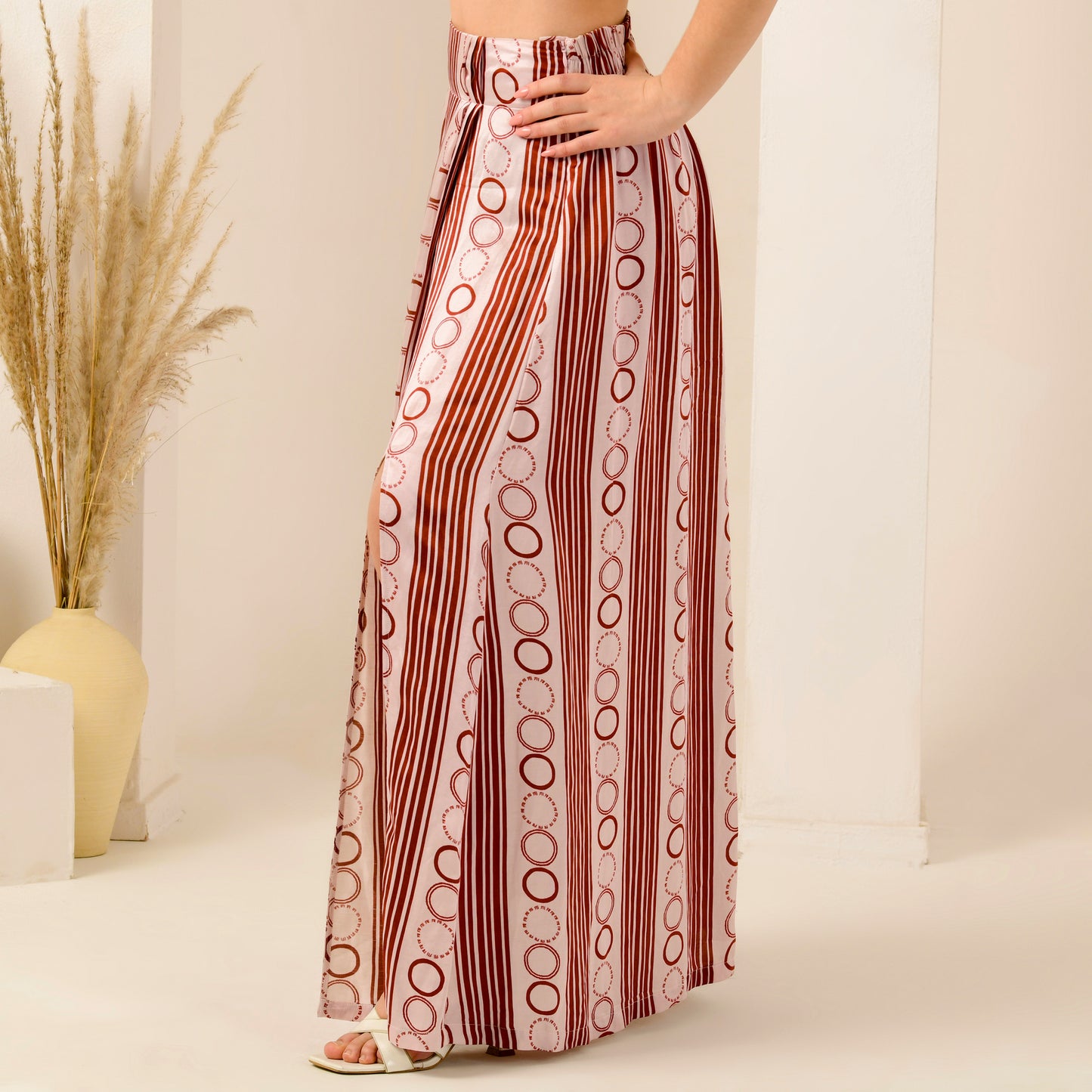 Pink And Red Powerful Stripe Print Skirt for Women – Linen Satin – Close Up | First Resort by Ramola Bachchan