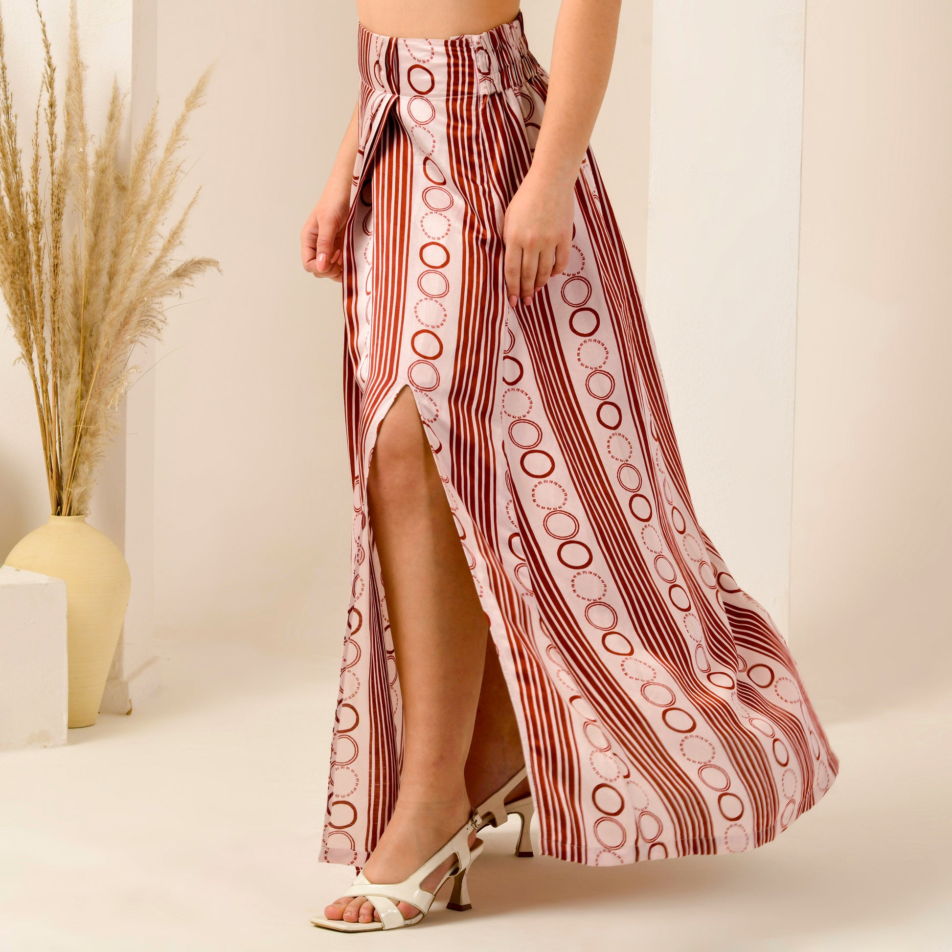 Pink And Red Powerful Stripe Print Skirt for Women – Linen Satin | First Resort by Ramola Bachchan