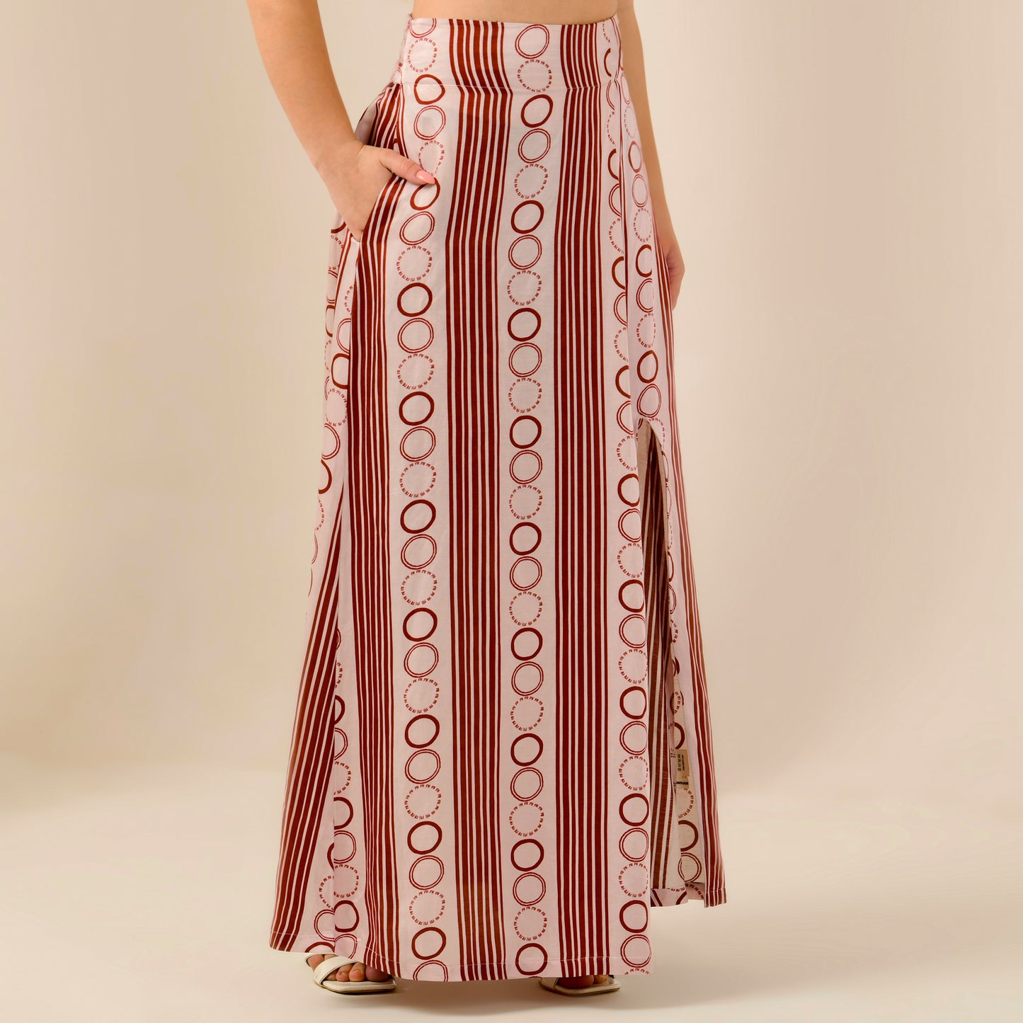 Pink And Red Powerful Stripe Print Skirt for Women – Linen Satin – Front View | First Resort by Ramola Bachchan