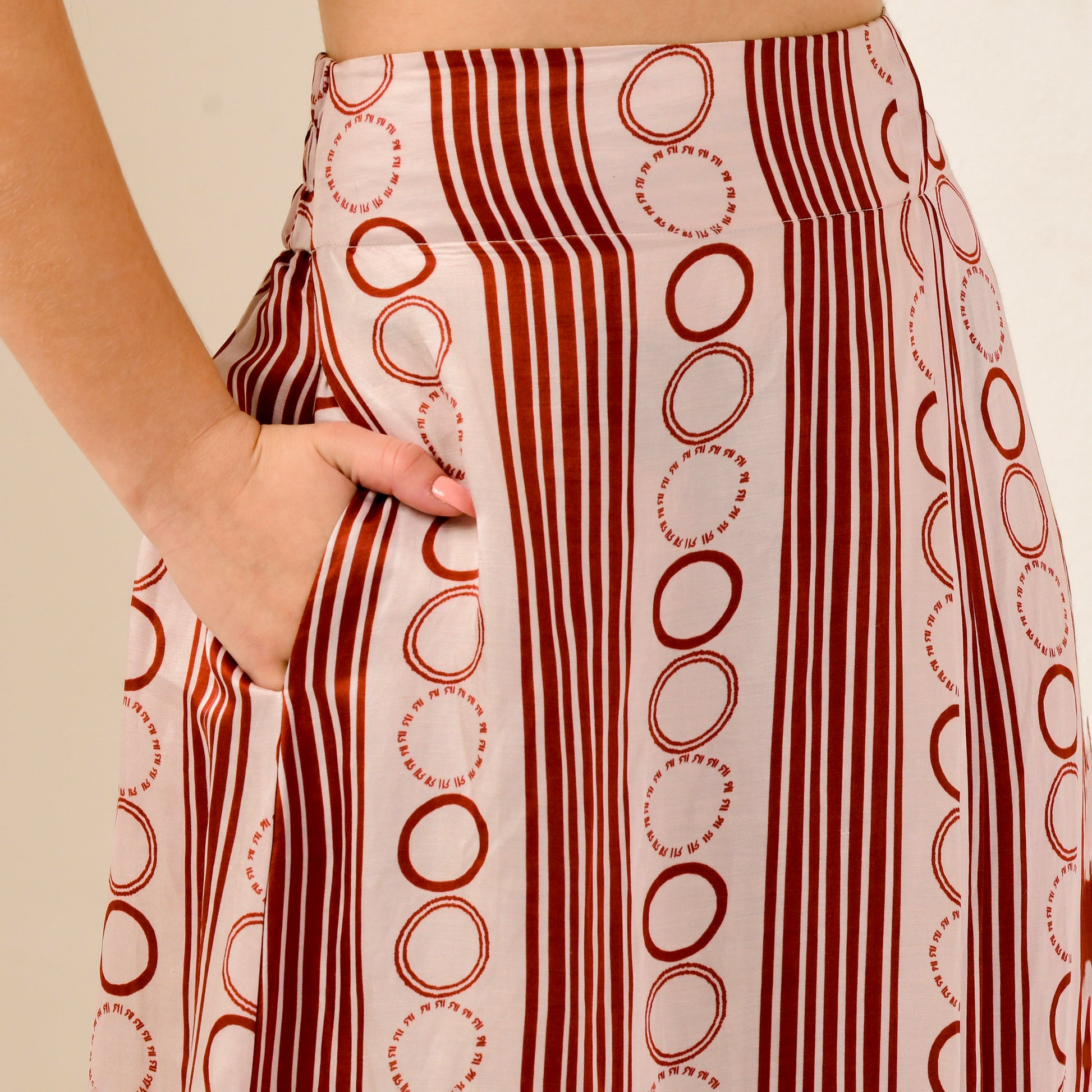 Pink And Red Powerful Stripe Print Skirt for Women – Linen Satin – Model View | First Resort by Ramola Bachchan