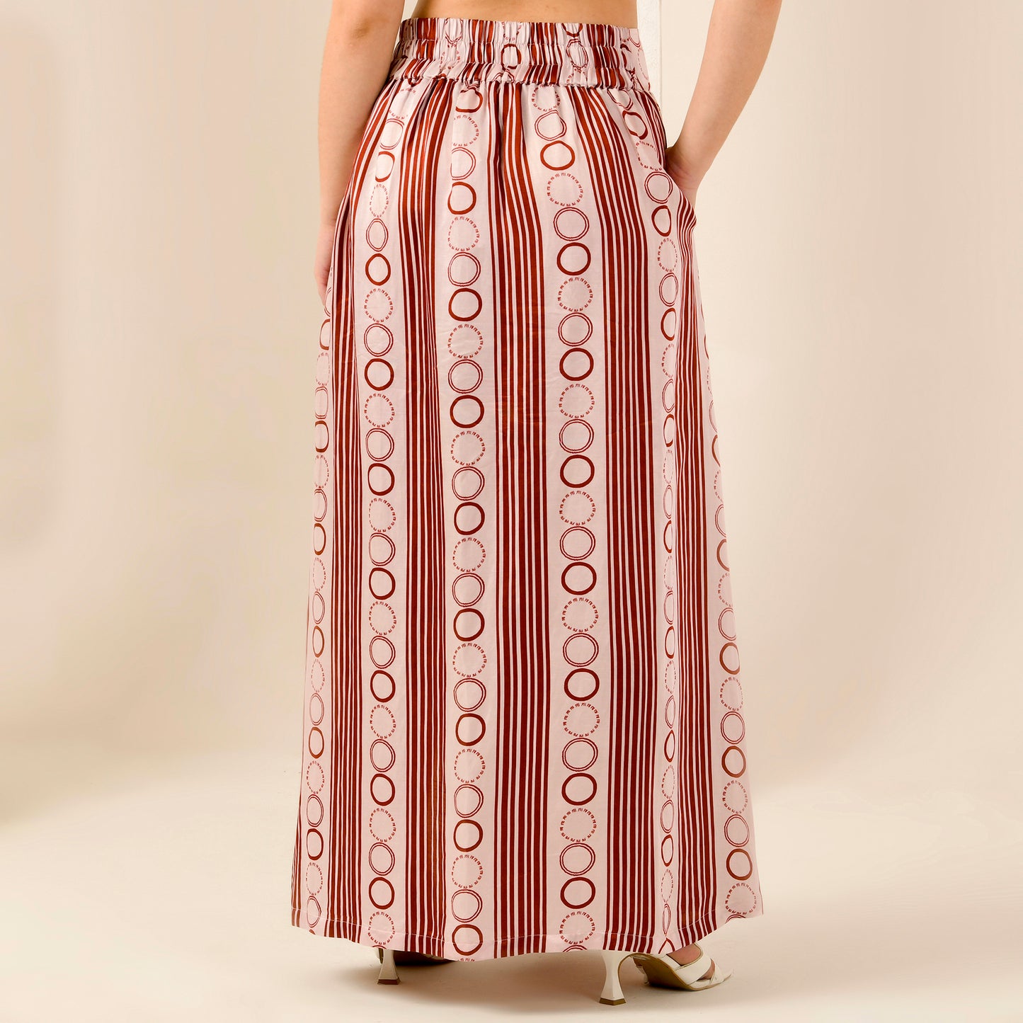 Pink And Red Powerful Stripe Print Skirt for Women – Linen Satin – Side View | First Resort by Ramola Bachchan