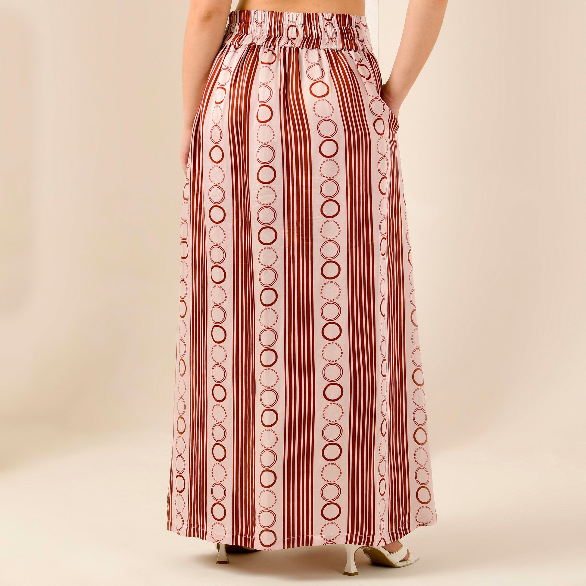 Pink And Red Powerful Stripe Print Skirt for Women – Linen Satin – Side View | First Resort by Ramola Bachchan