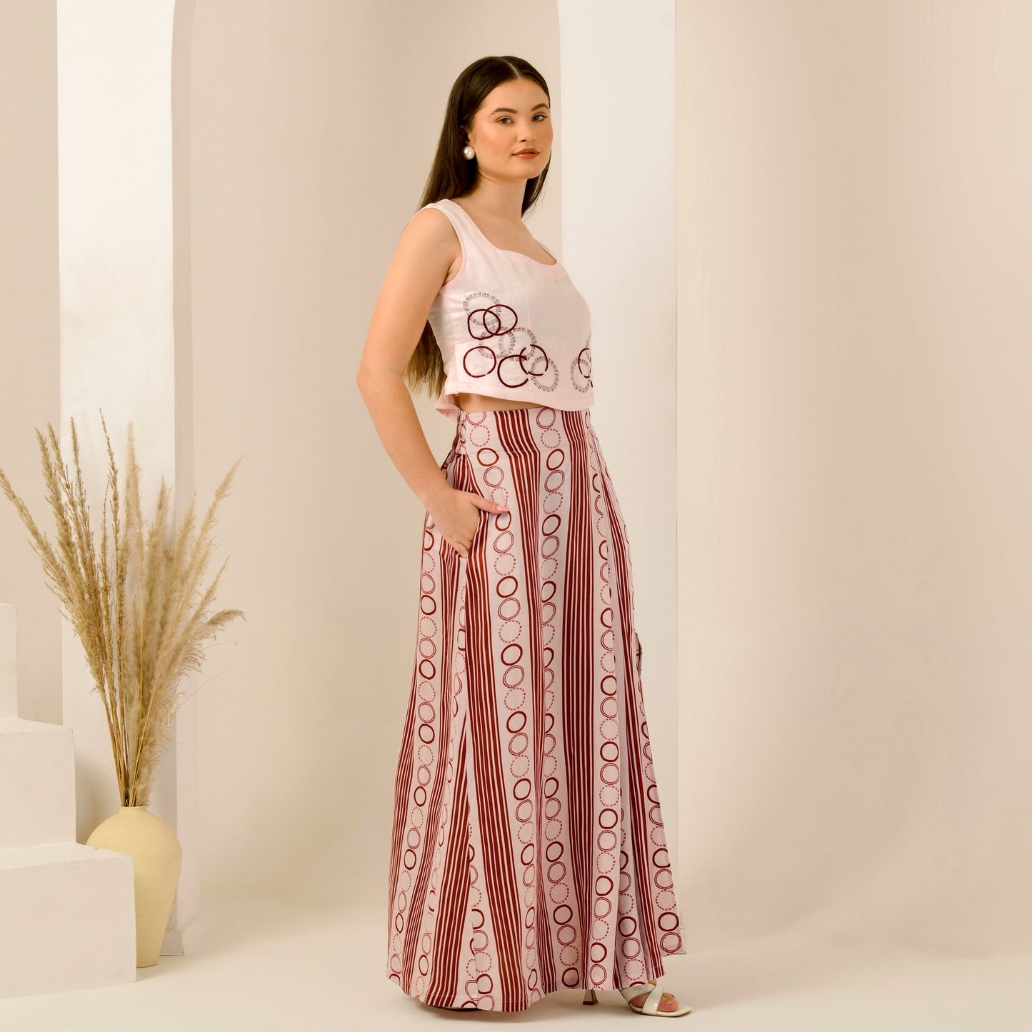 Pink And Red Powerful Stripe Print Skirt for Women – Linen Satin – Model View | First Resort by Ramola Bachchan