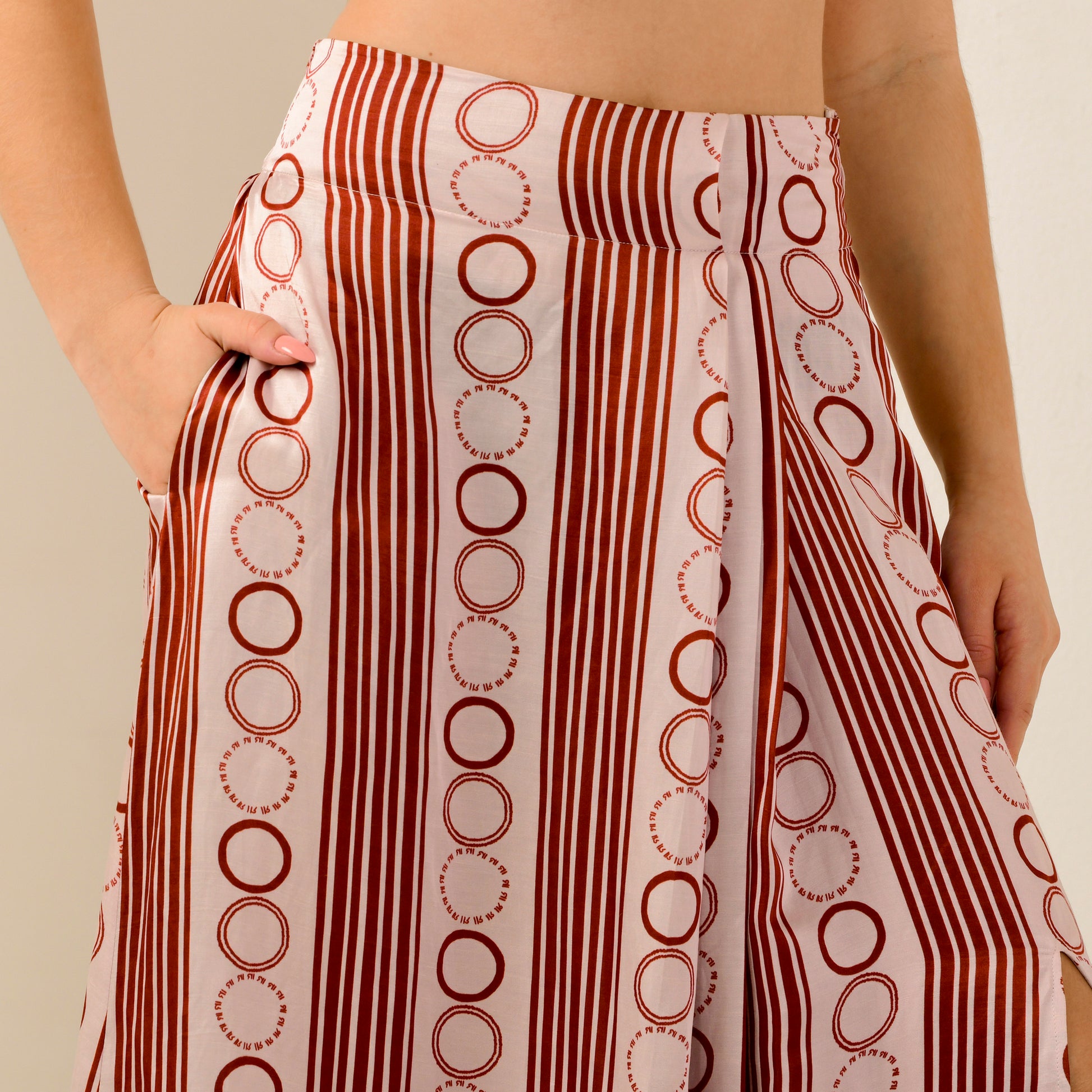 Pink And Red Powerful Stripe Print Skirt for Women – Linen Satin – Close Up | First Resort by Ramola Bachchan