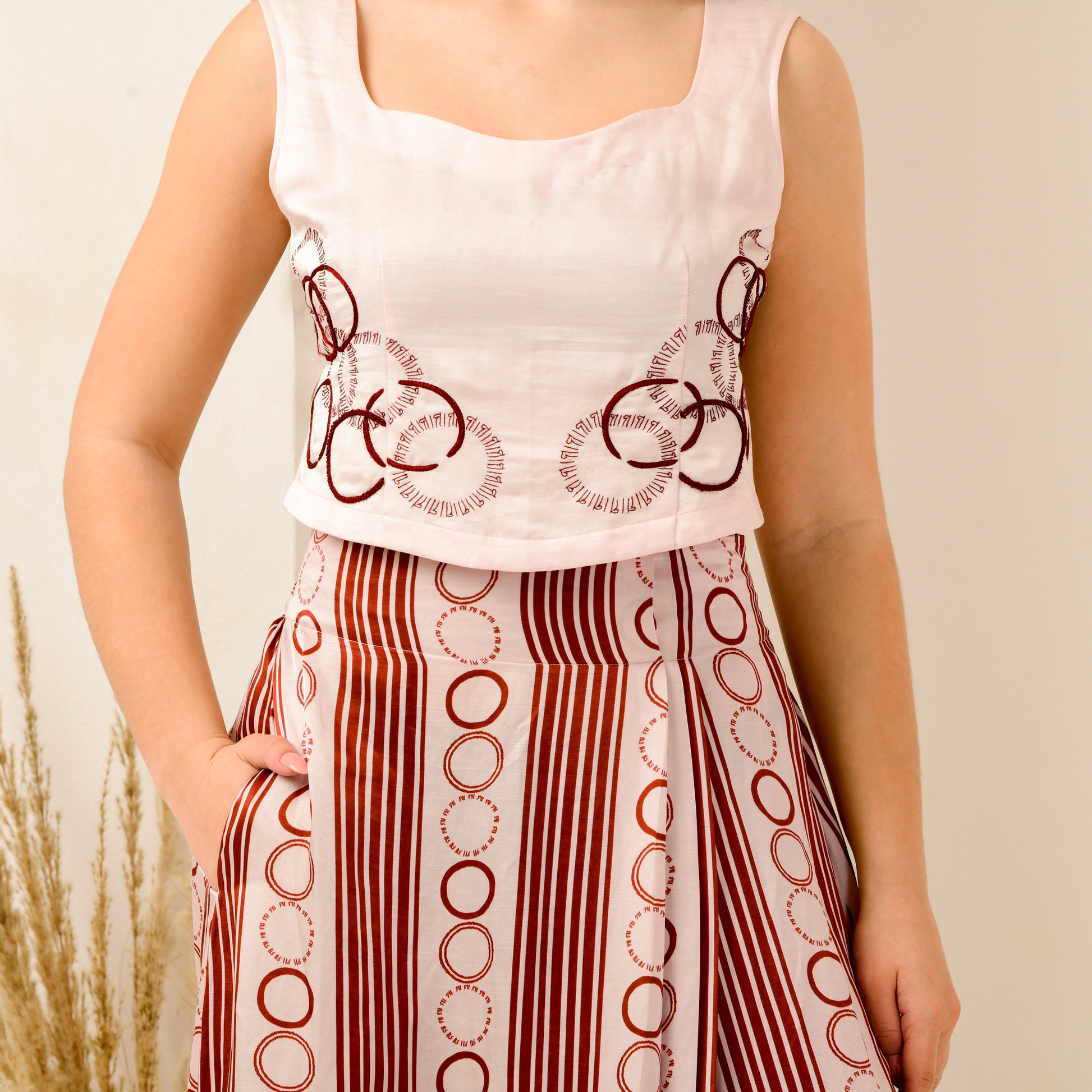 Pink And Red Powerful Stripe Print Skirt for Women – Linen Satin | First Resort by Ramola Bachchan