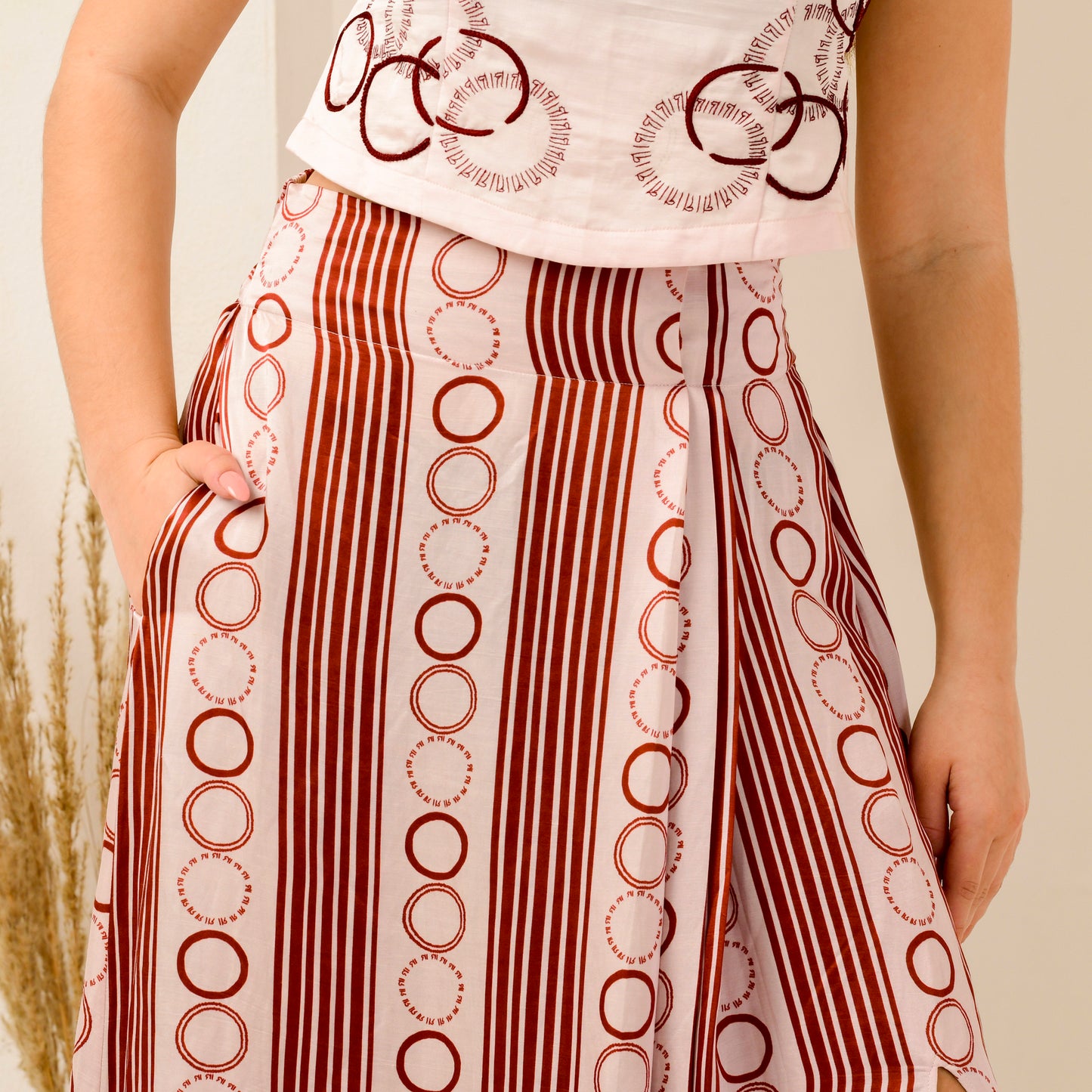 Pink And Red Powerful Stripe Print Skirt for Women – Linen Satin – Front View | First Resort by Ramola Bachchan