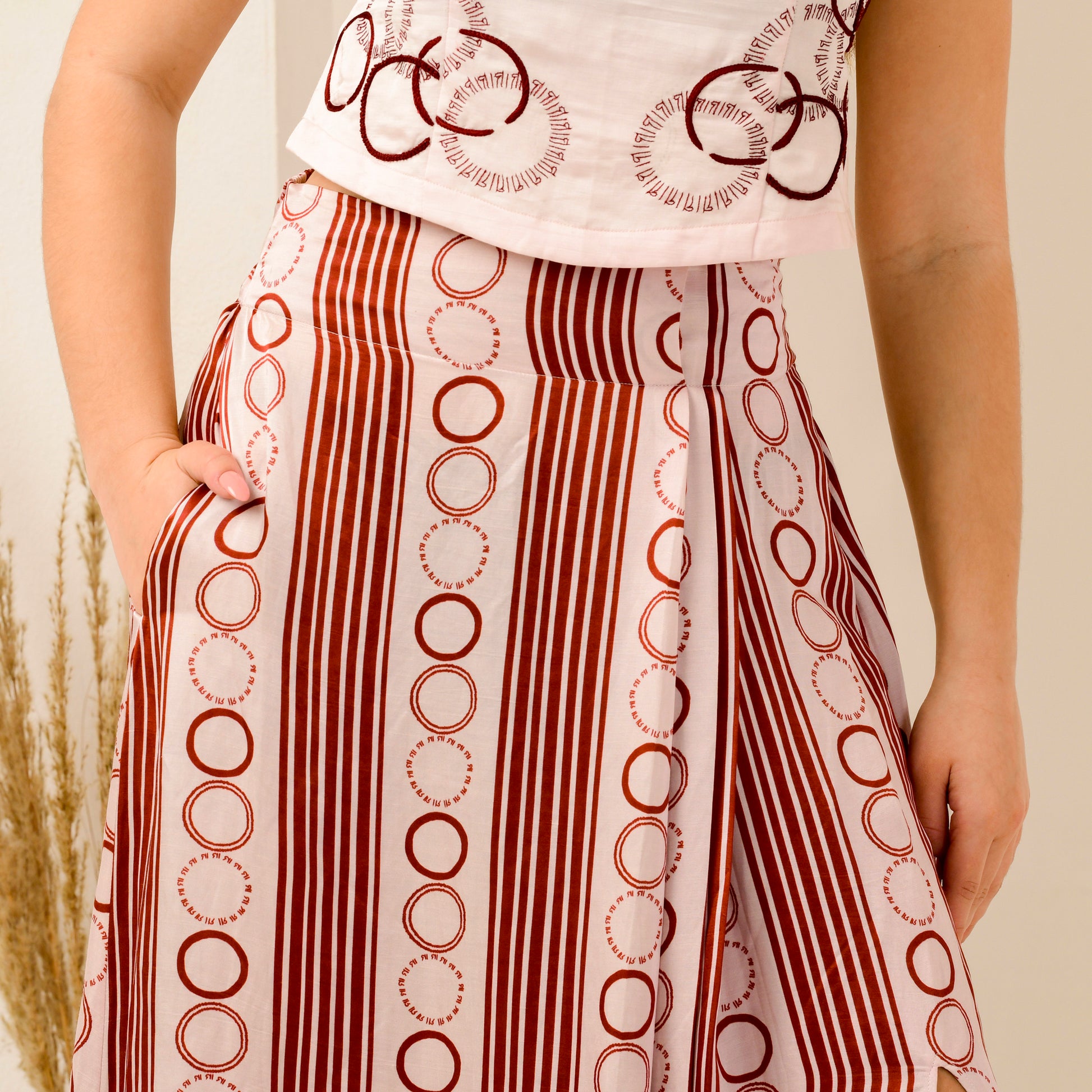 Pink And Red Powerful Stripe Print Skirt for Women – Linen Satin – Front View | First Resort by Ramola Bachchan