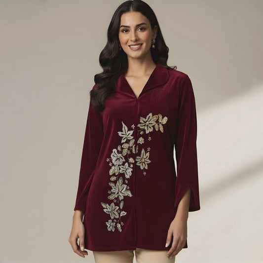 Maroon Front Floral Hand Embroidered Velvet Jacket